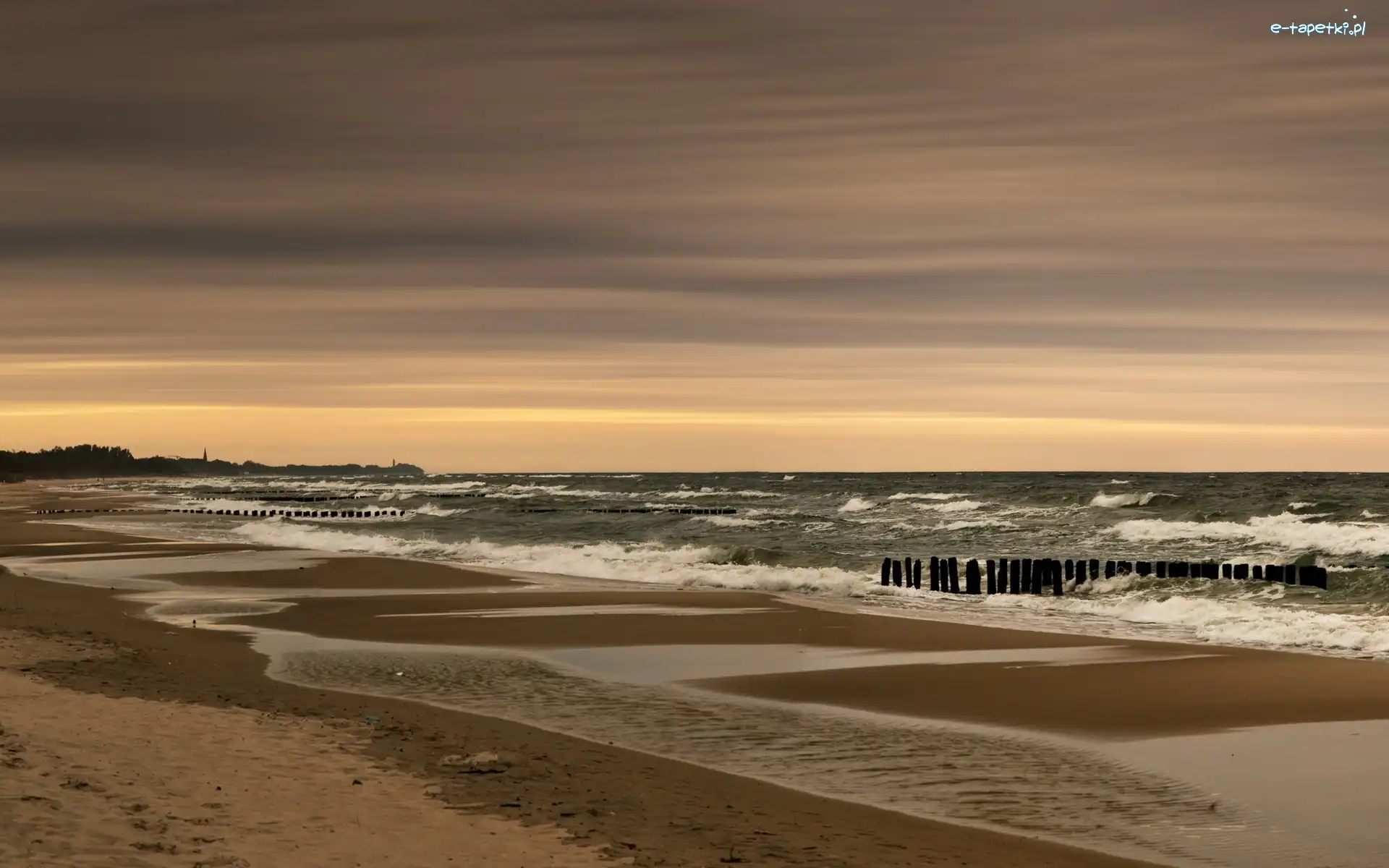 Morze, Fale, Plaża, Słońca, Zachód
