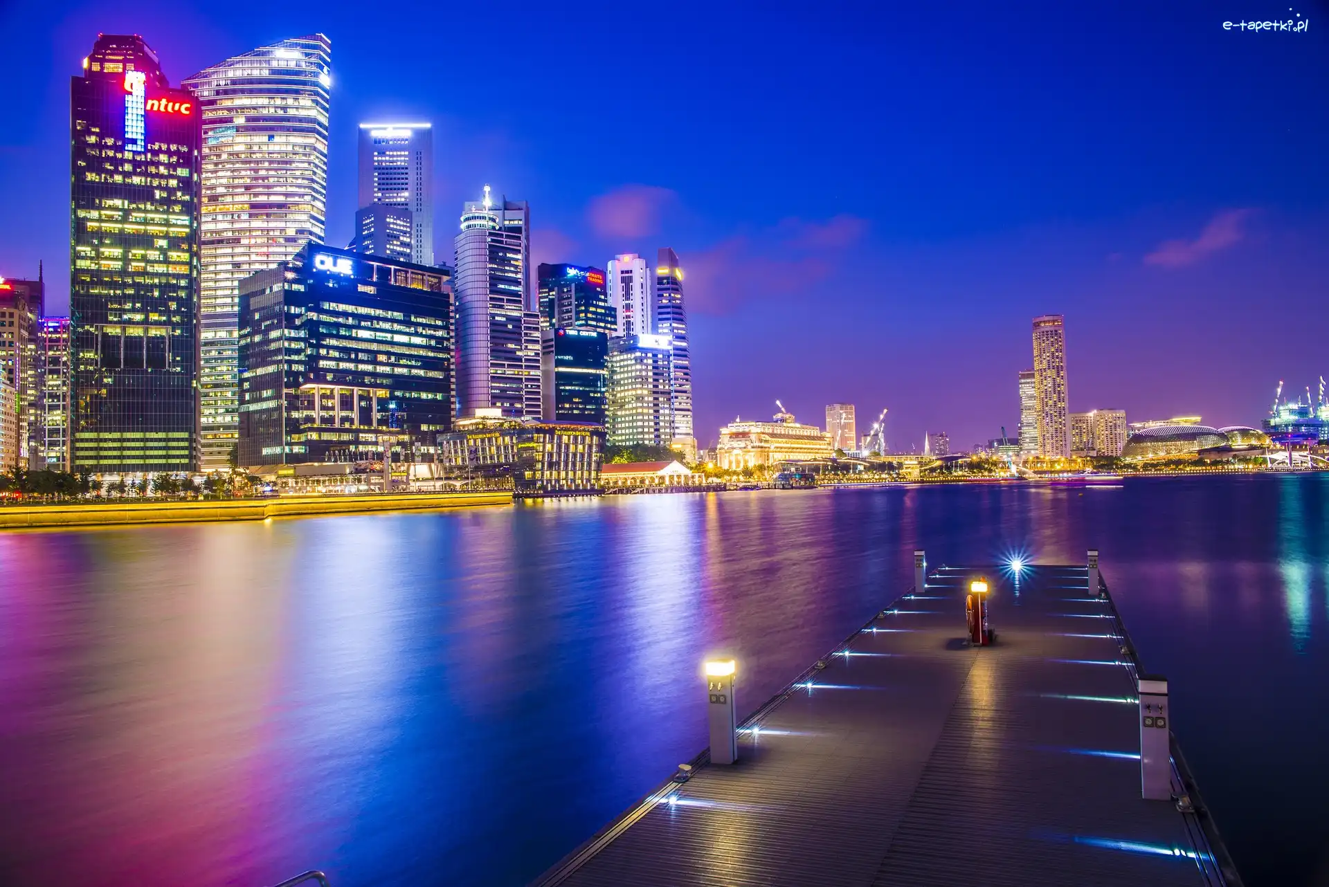 Noc, Molo, Miasto, Singapur, Zatoka, Wieżowce