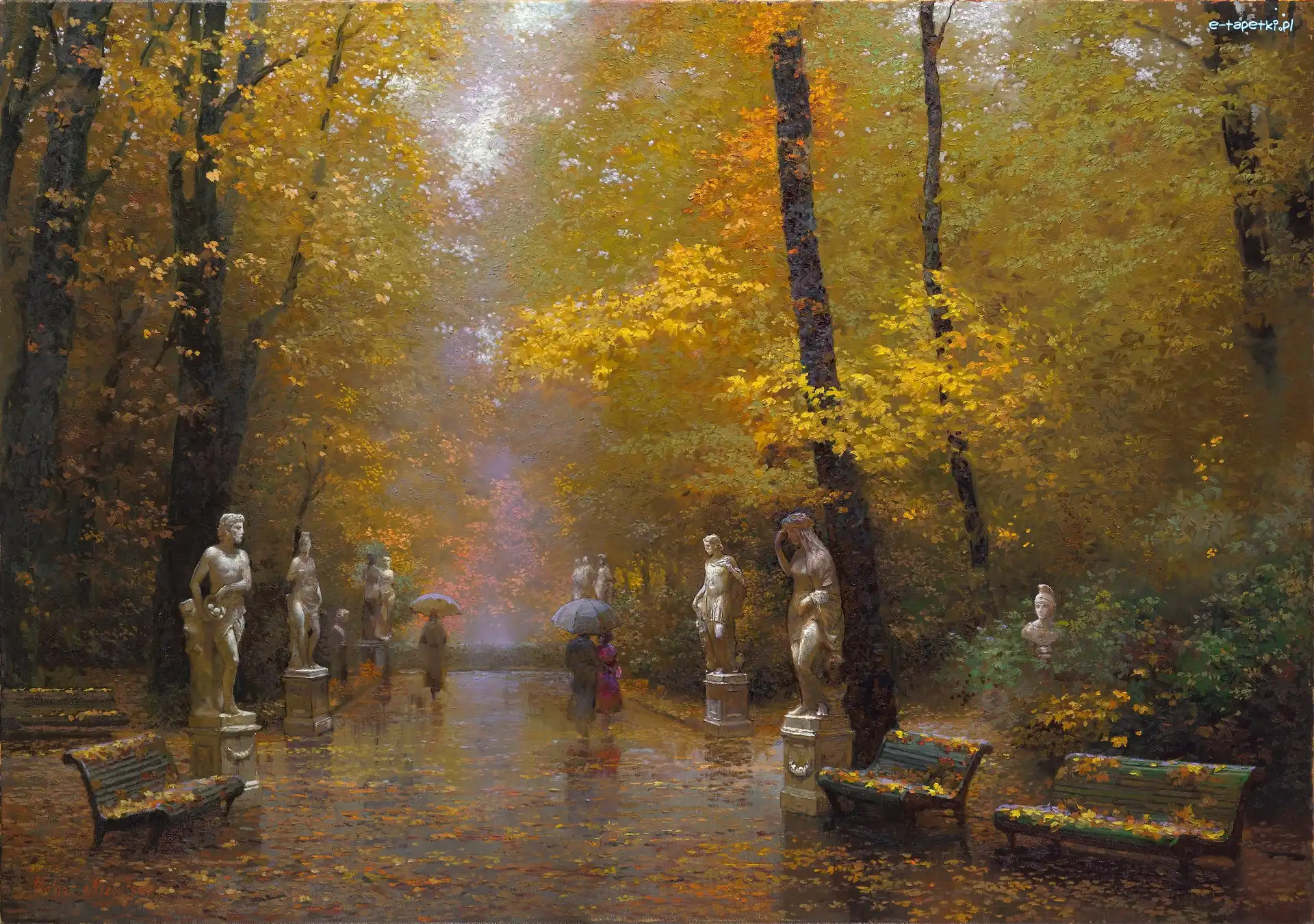 Park, Drzewa, Posągi, Obraz, Aleja