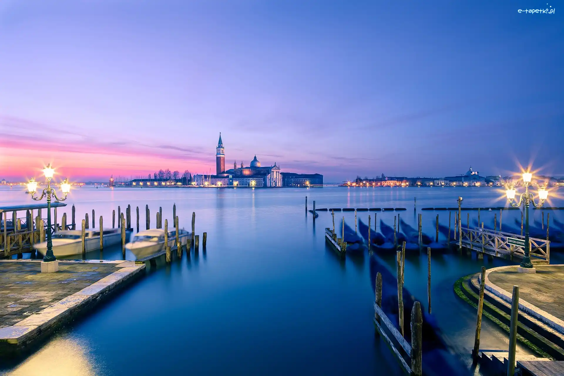 Wenecja, Włochy, San Giorgio Maggiore, Gondole, Zachód Słońca