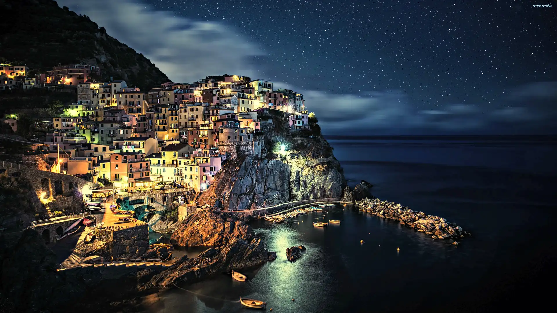 Skały, Zatoka, Morze, Noc, Włochy, Manarola