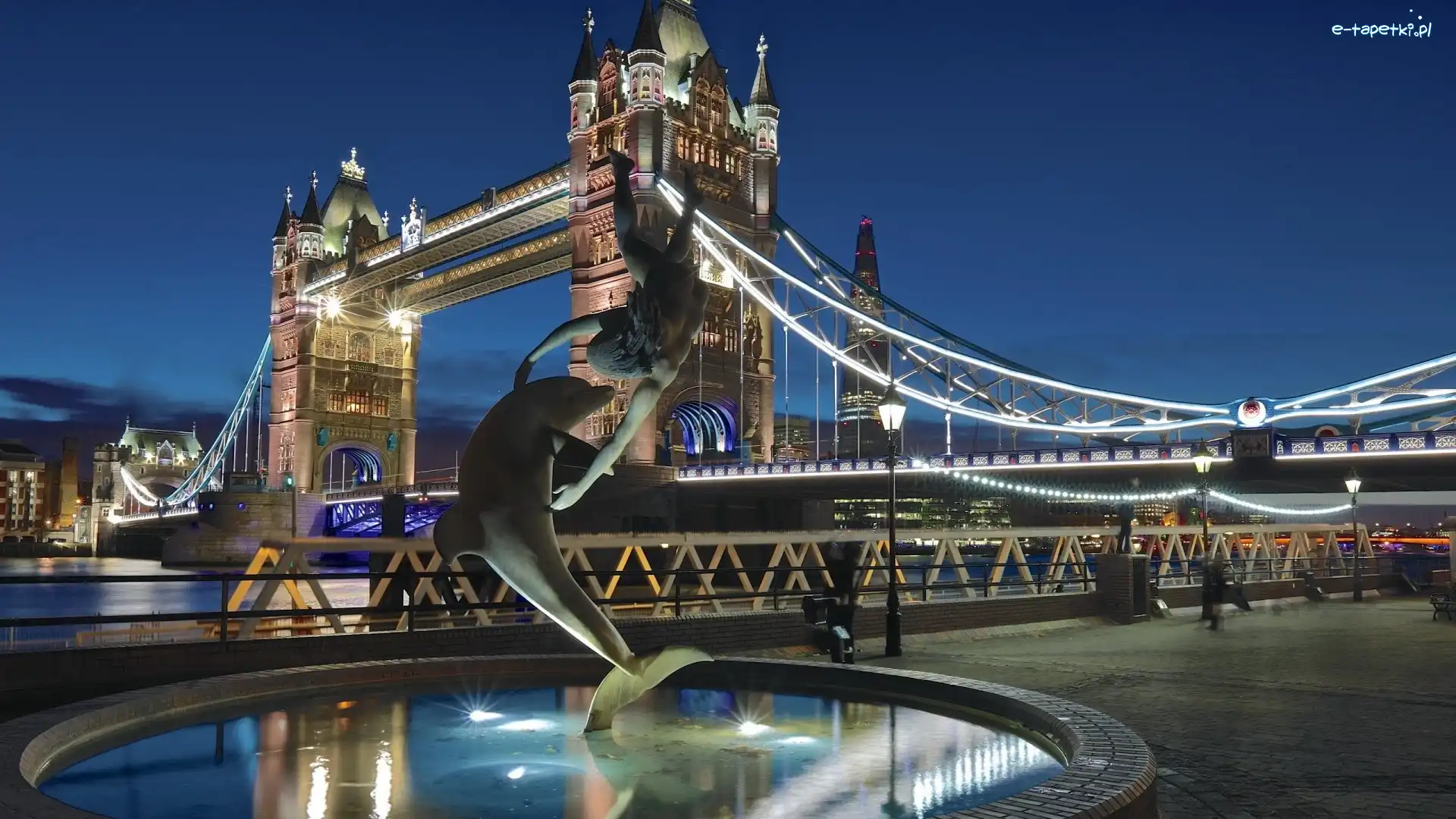 Anglia, Tower Bridge, Most, Delfin, Fontanna