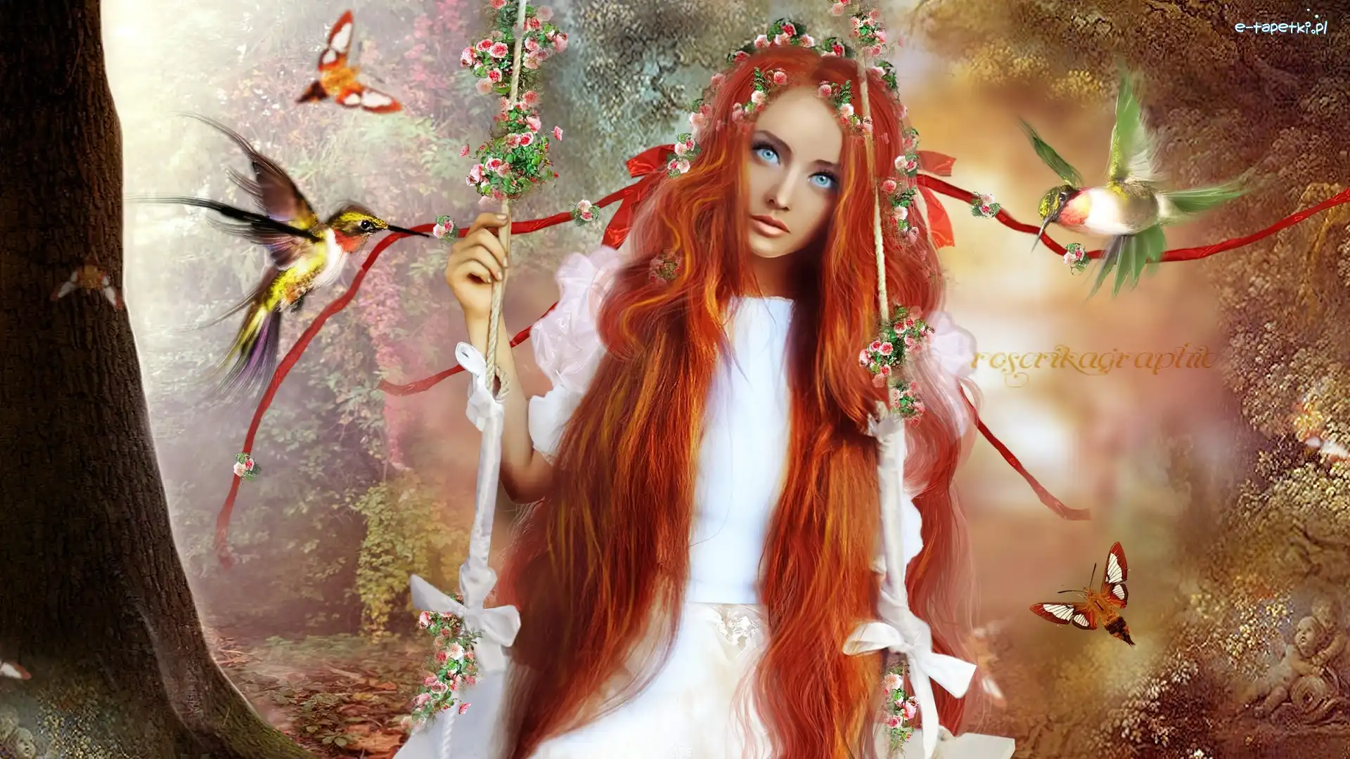 Kobieta, Huśtawka, Ptaki, Fantasy