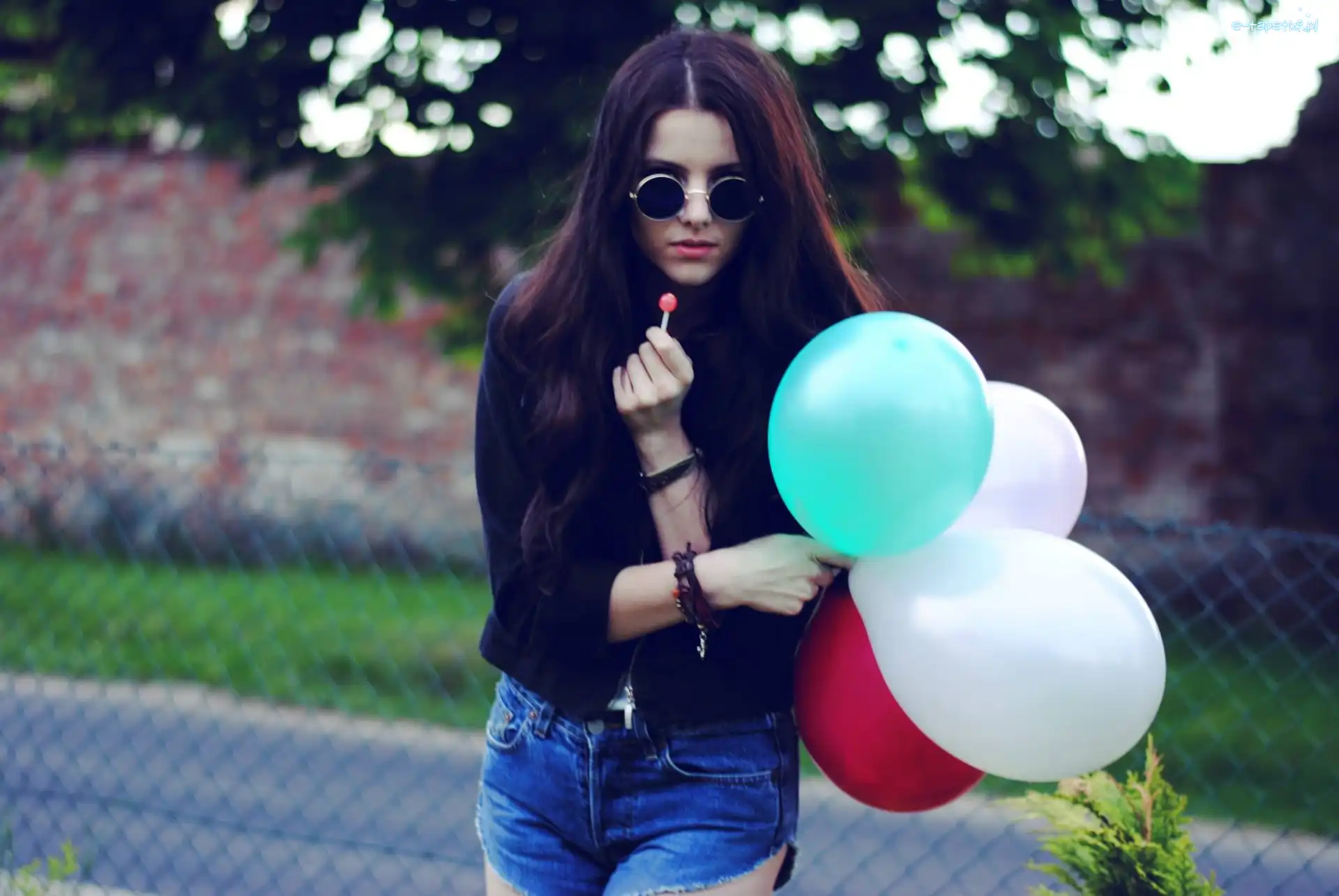 Kobieta, Okulary, Brunetka, Lizak, Balony