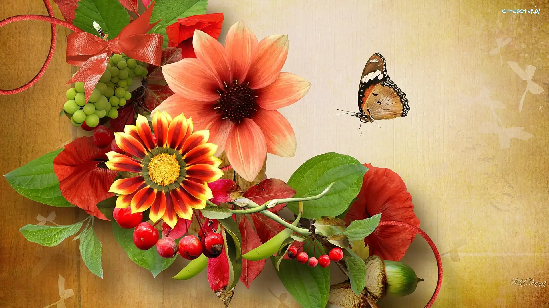 Kwiaty, Art, Motyl, Jesienne