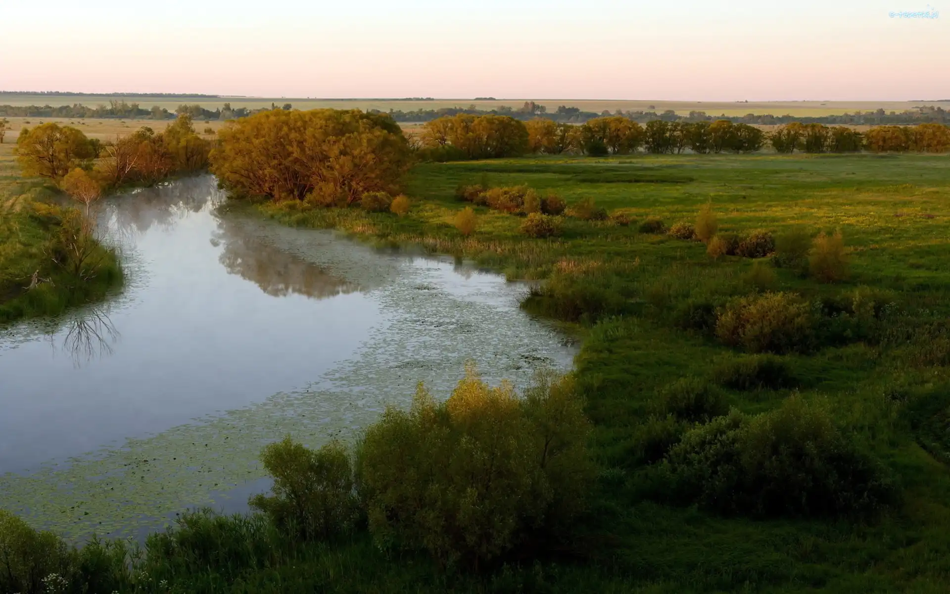 Panorama, Pola, Drzewa, Jesień, Łąki, Rzeka