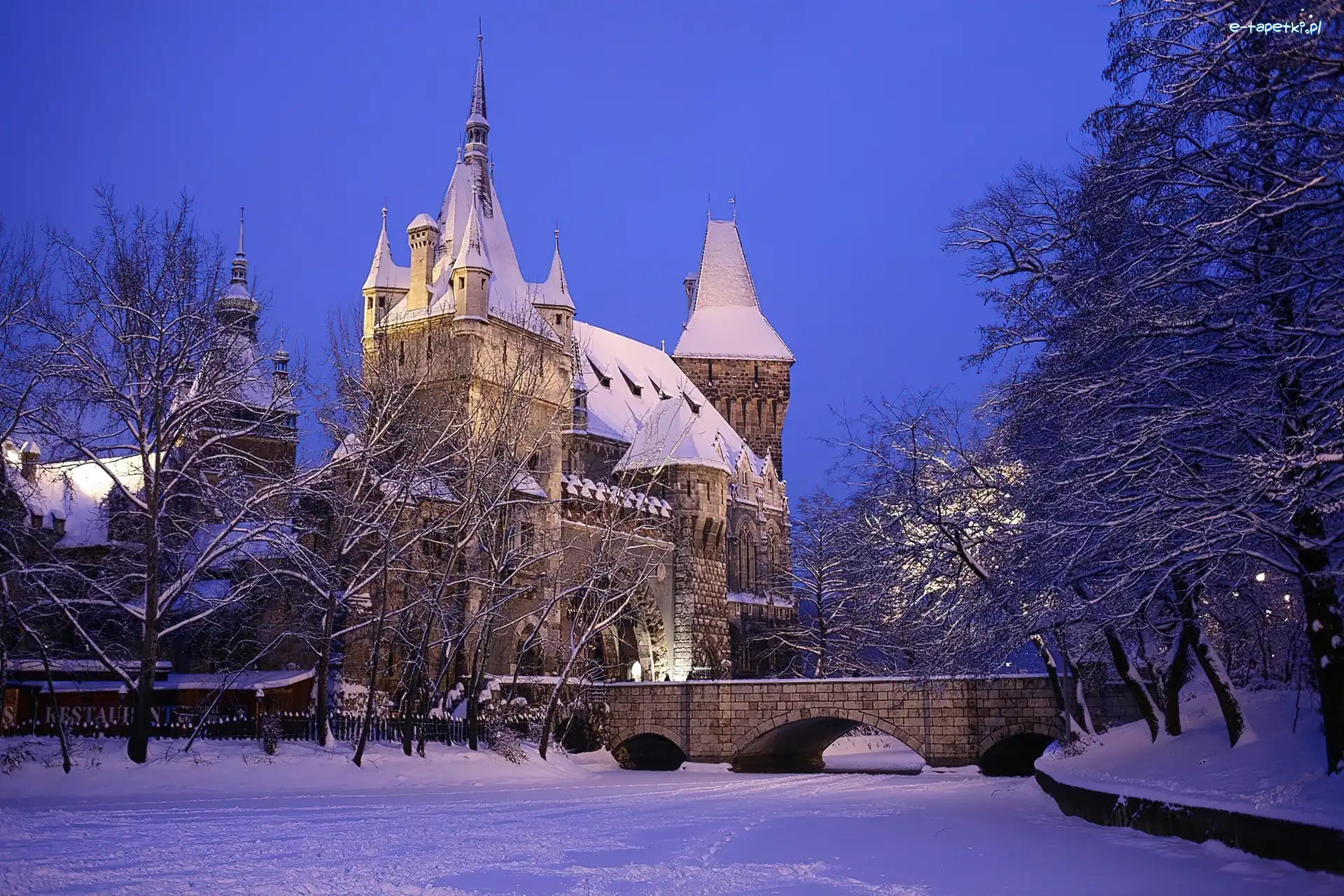 Węgry, Zamek Vajdahunyad, Budapeszt, Mostek, Zima