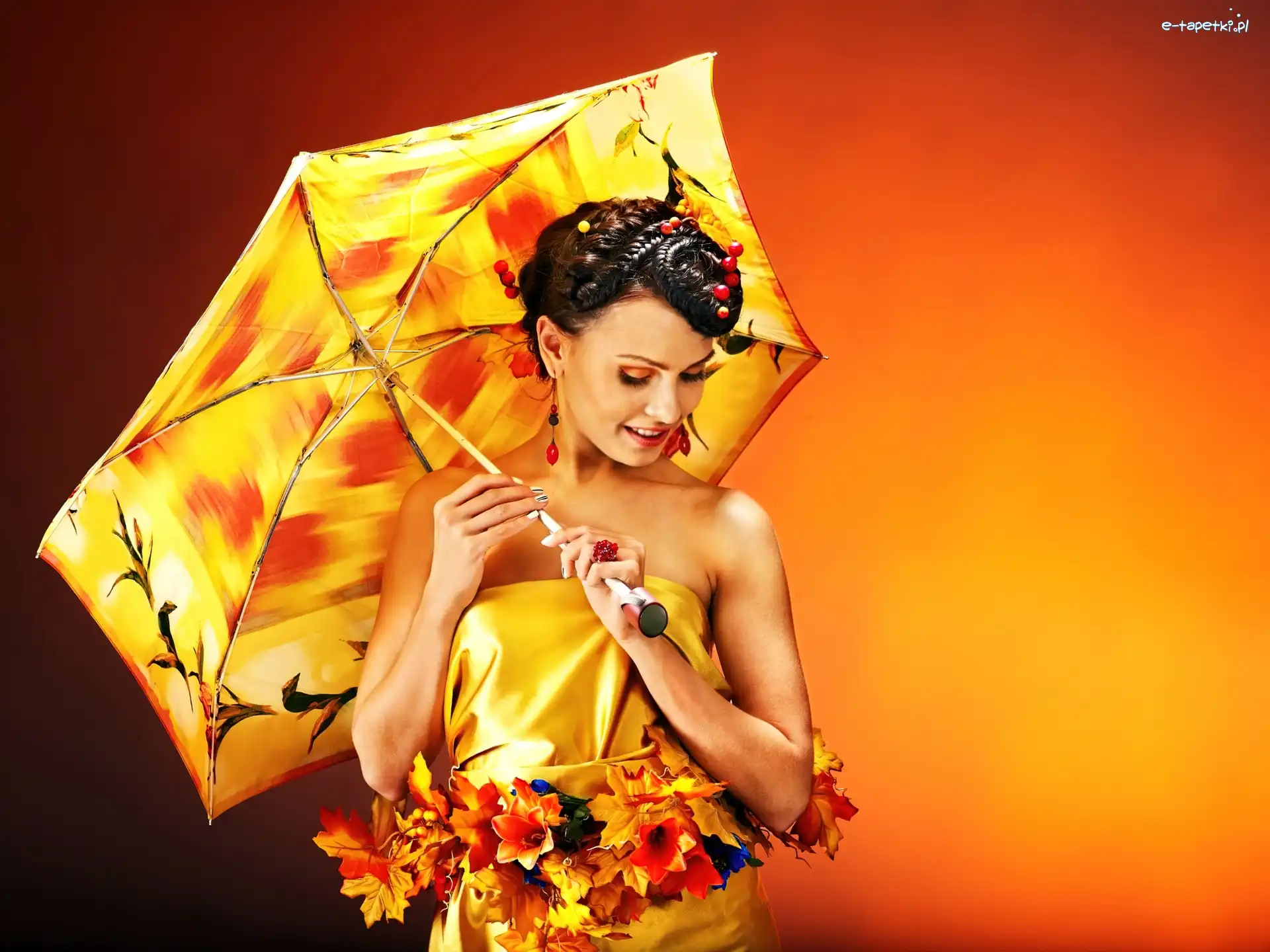 Modelka, Jesienne, Parasol, Liście, Kwiaty