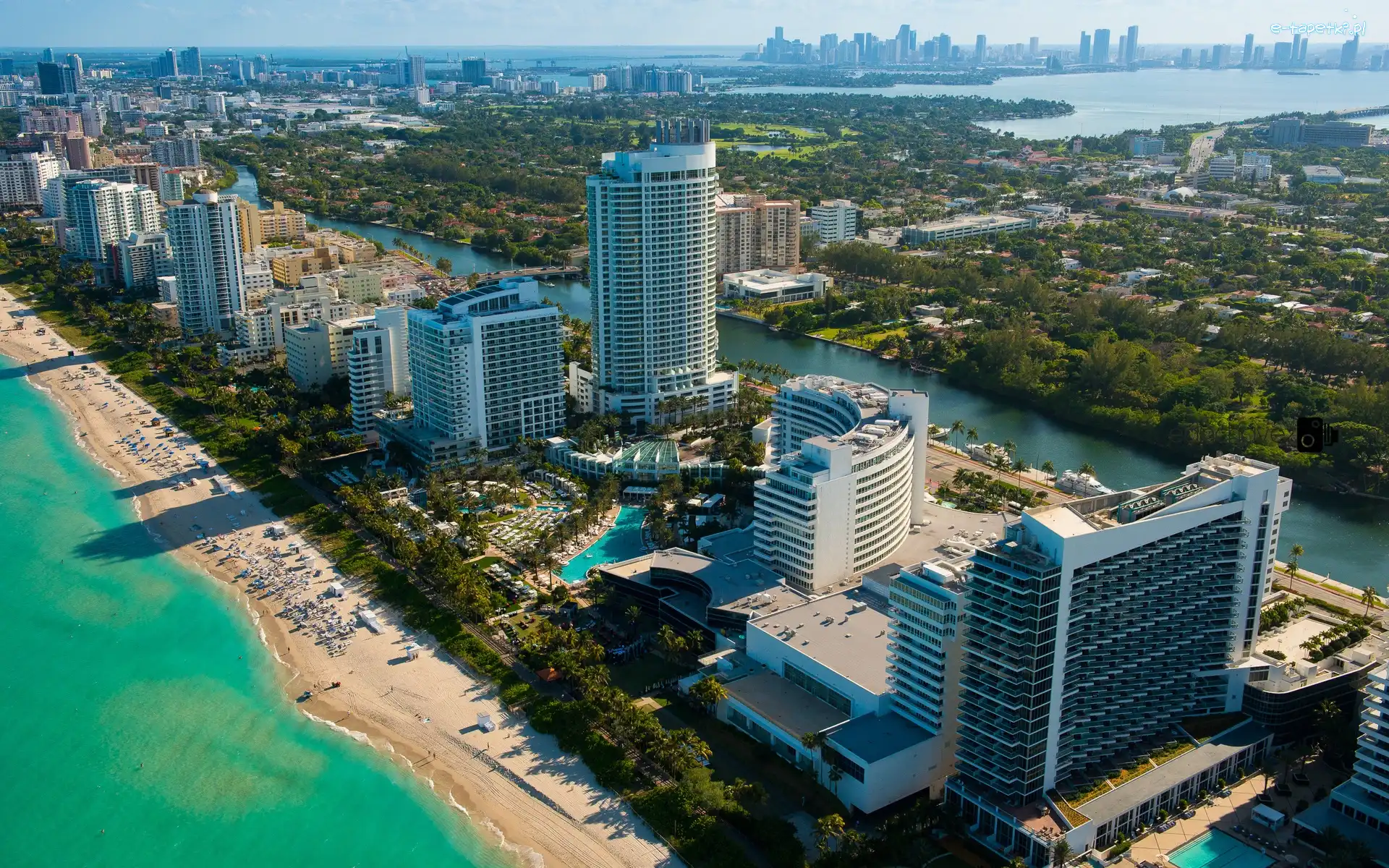 Wieżowce, Ocean, Plaża, Floryda, Miami