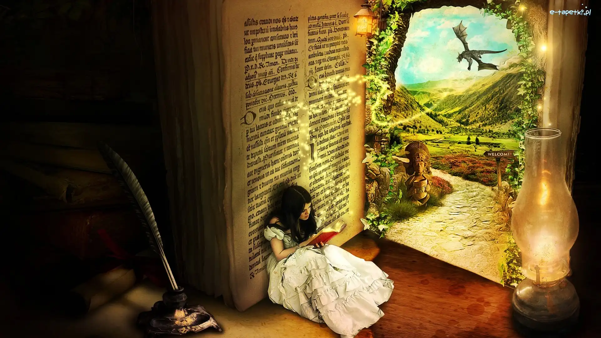 Fantasy, Książka, Dziewczyna, Kałamarz, Lampa