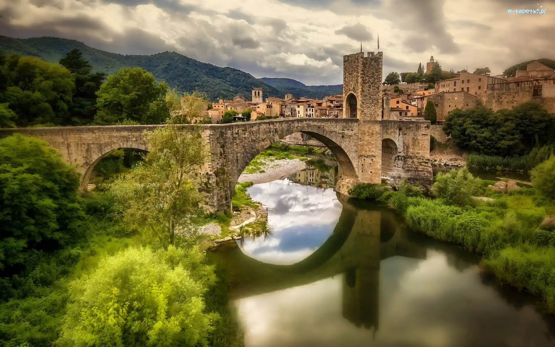 Besalu, Most, Hiszpania, Krzewy, Rzeka