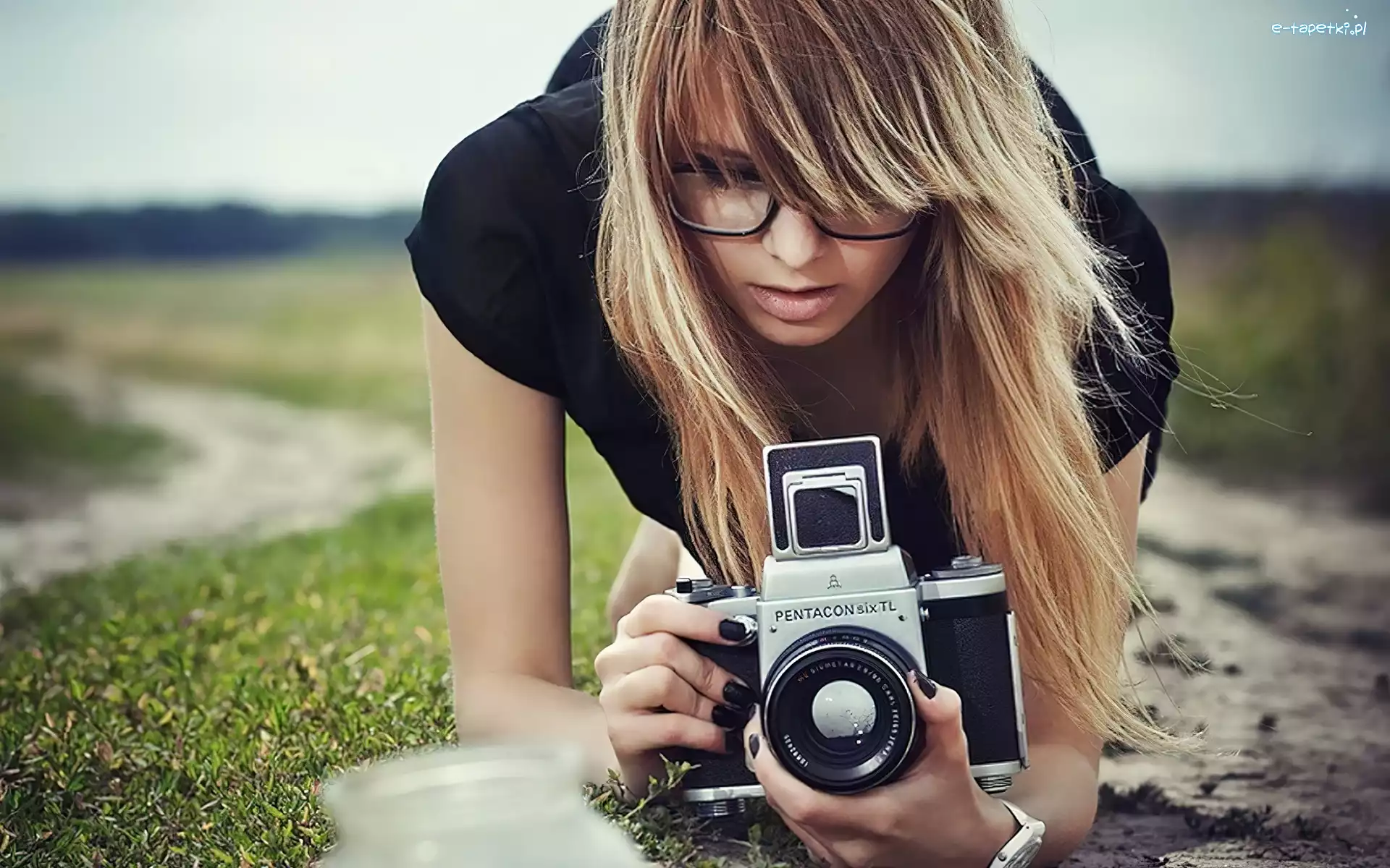 Okulary, Aparat, Fotograficzny, Łąka, Kobieta, Blondynka