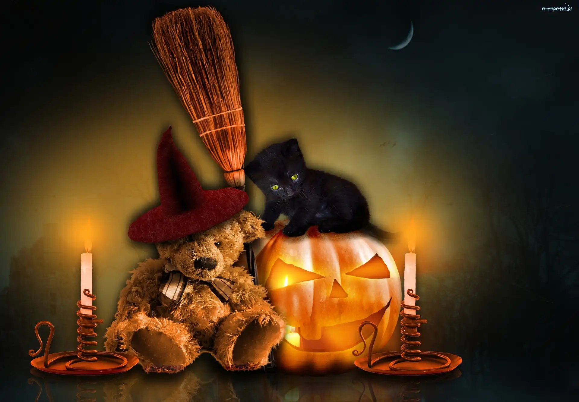 Halloween, Miś, Kot, Dynia, Świece