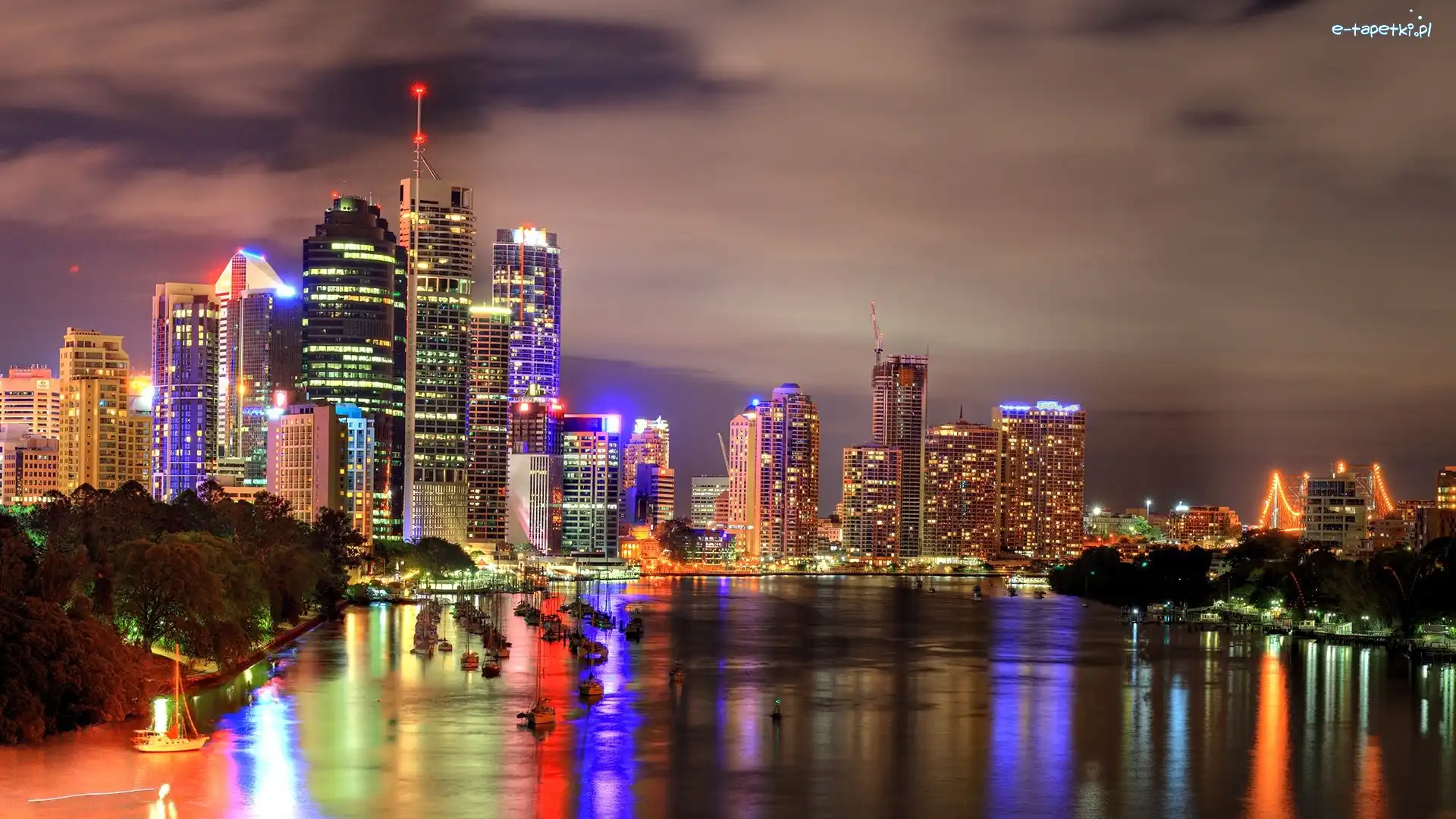 Panorama, Noc, Miasta, Australia, Brisbane