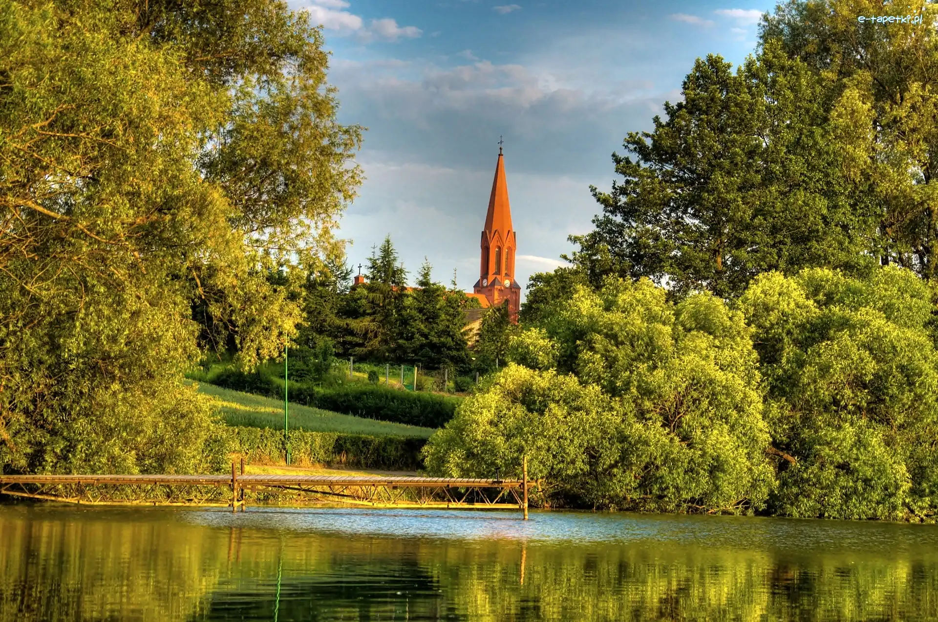 Park, Pomost, Jezioro, Kościoła, Wieża