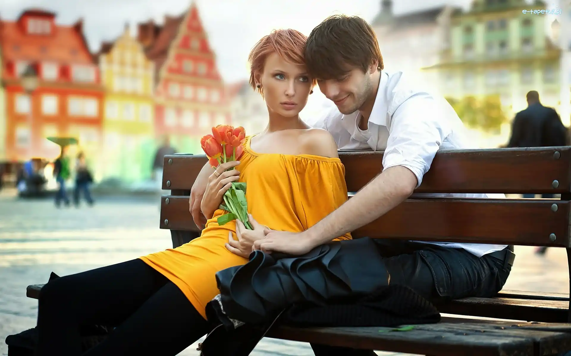 Tulipany, Szczęśliwa, Para, Rozmycie, Ławeczka, Rynek