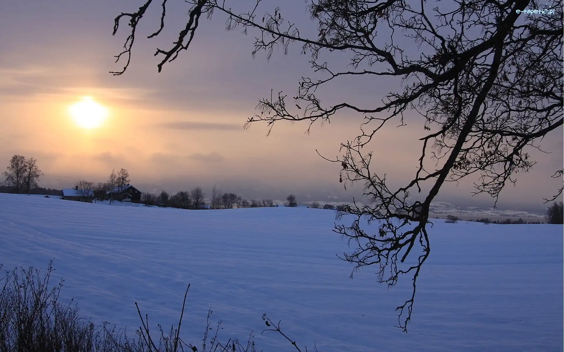 Słońca, Góry, Zachód, Zima, Pola, Farmy