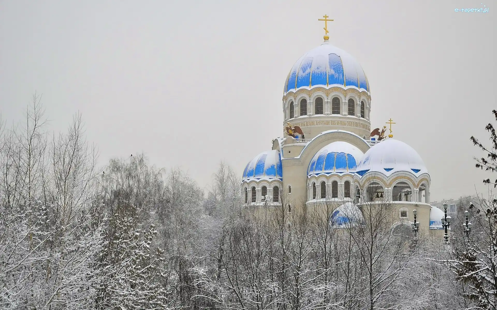 Cerkiew, Zima, Kopuły, Drzewa, Śnieg