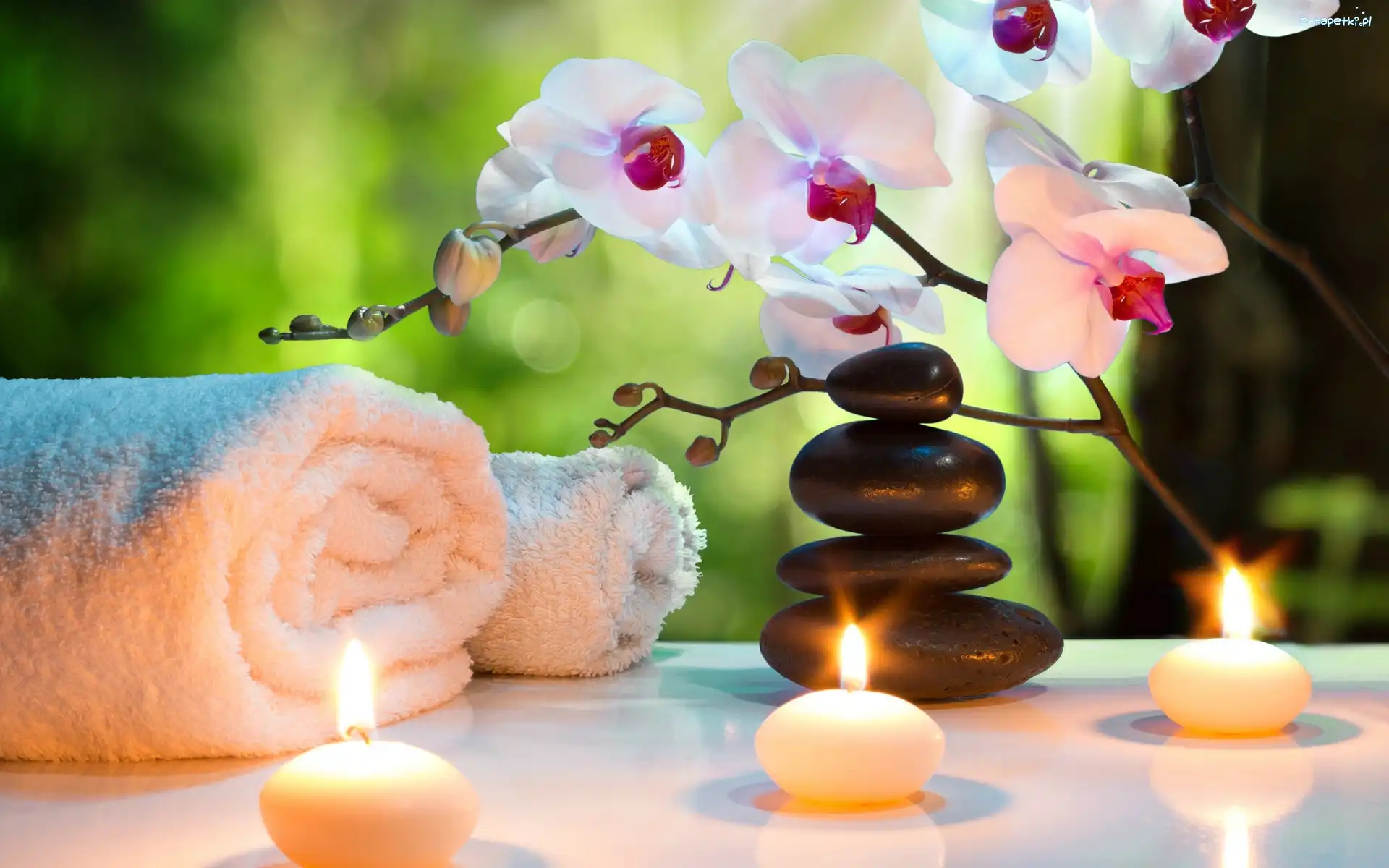 SPA, Kamienie, Ręczniki, Kompozycja, Świece, Storczyki