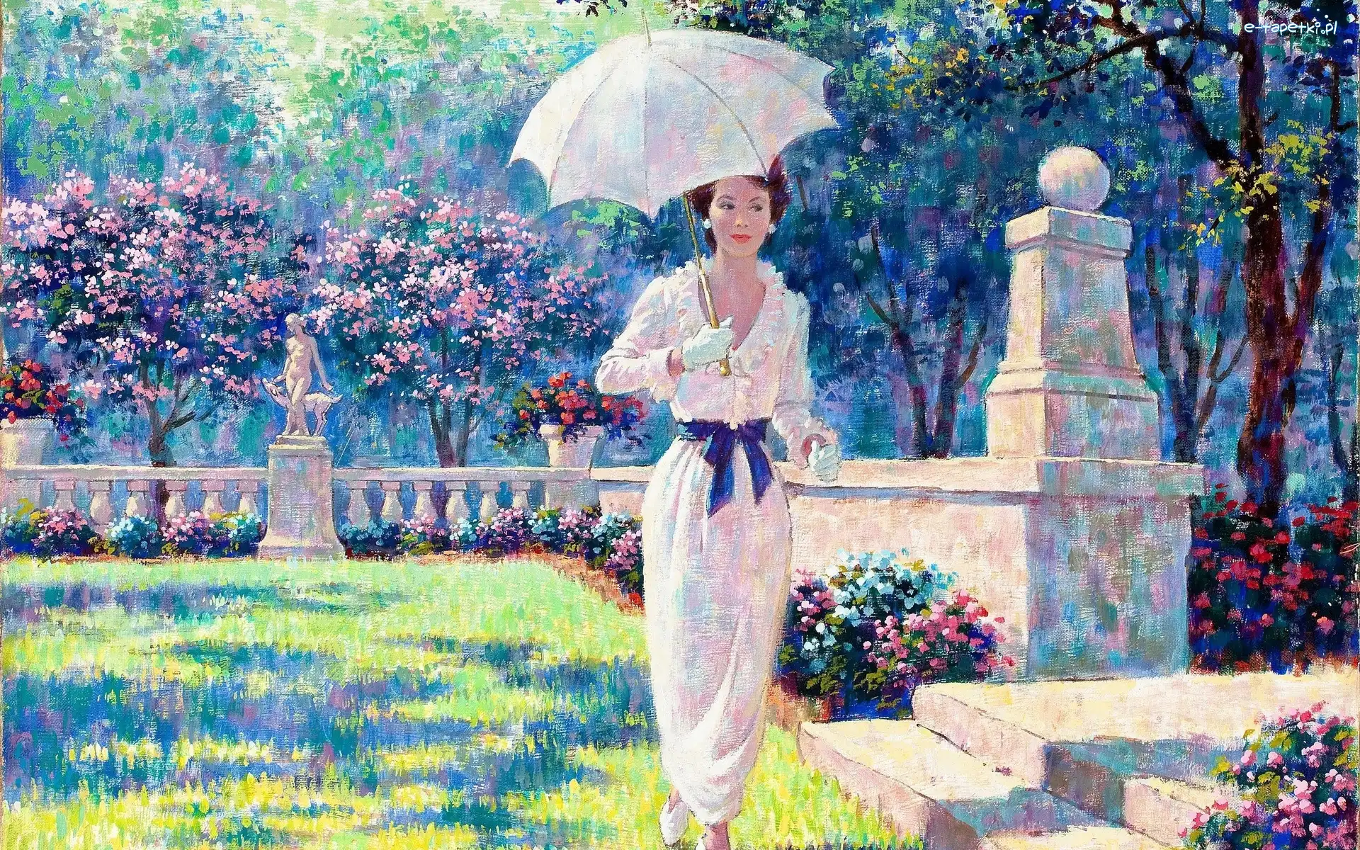 Obraz, Kobieta, Arthur Saron Sarnoff, Parasolka, Ogród