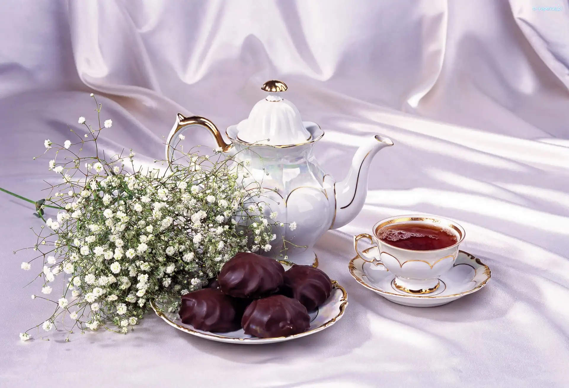 Porcelana, Kwiatki, Herbata, Ciasteczka, Czekoladowe