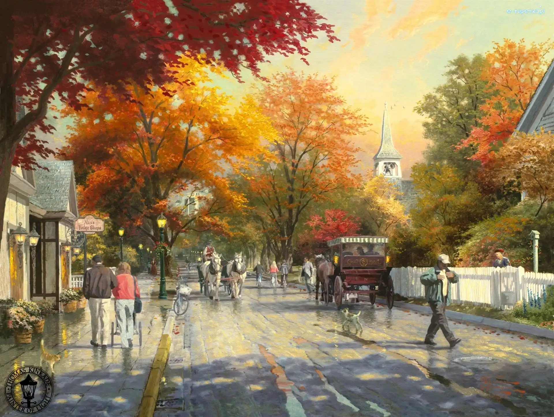 Dorożki, Ulica, Konie, Przechodnie, Thomas Kinkade, Obraz