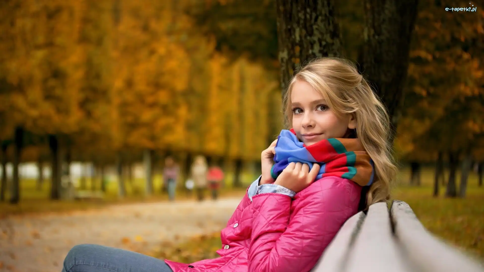 Ławka, Kolorowy, Szal, Blondynka, Kobieta, Jesień, Park