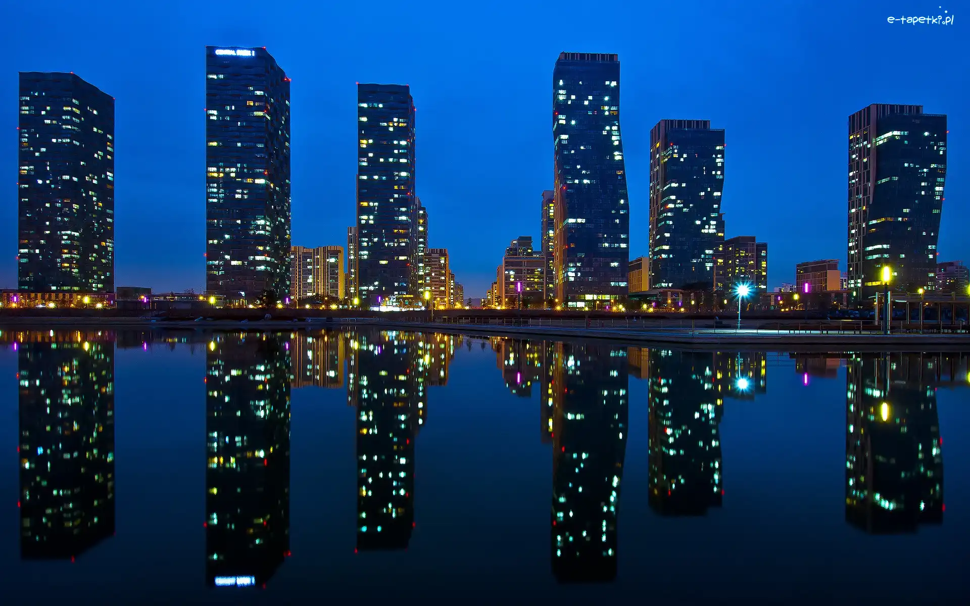 Odbicie, Miasto, Noc, Korea, Azja, Woda, Wieżowce