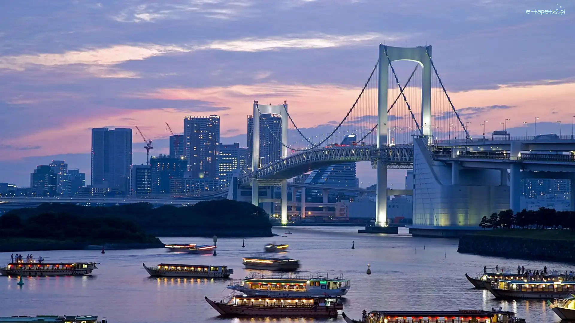 Morze, Tokio, Most, Statki, Panorama, Świt