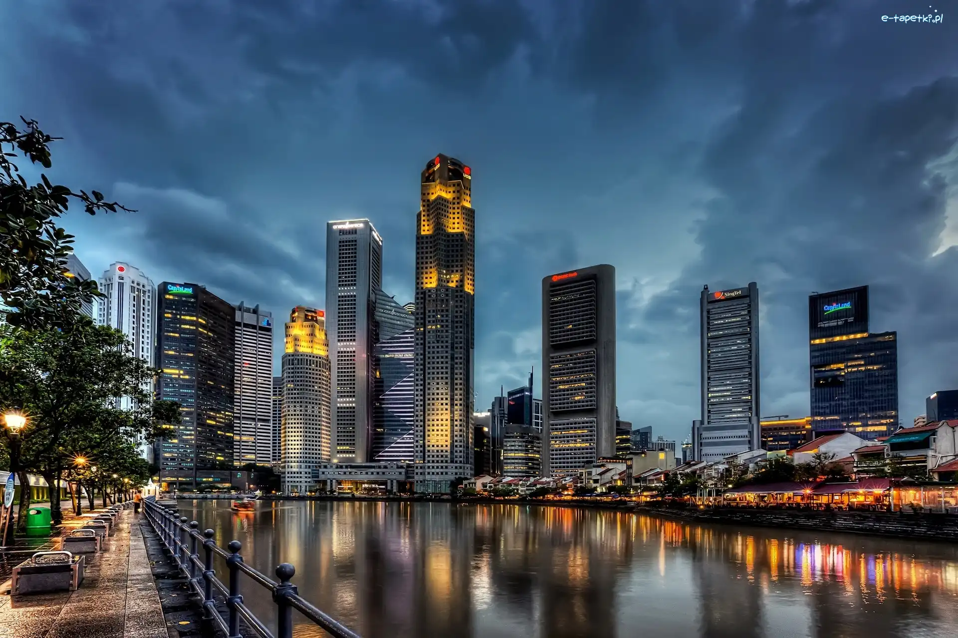 Wieżowce, Zmrok, Miasto, Singapur