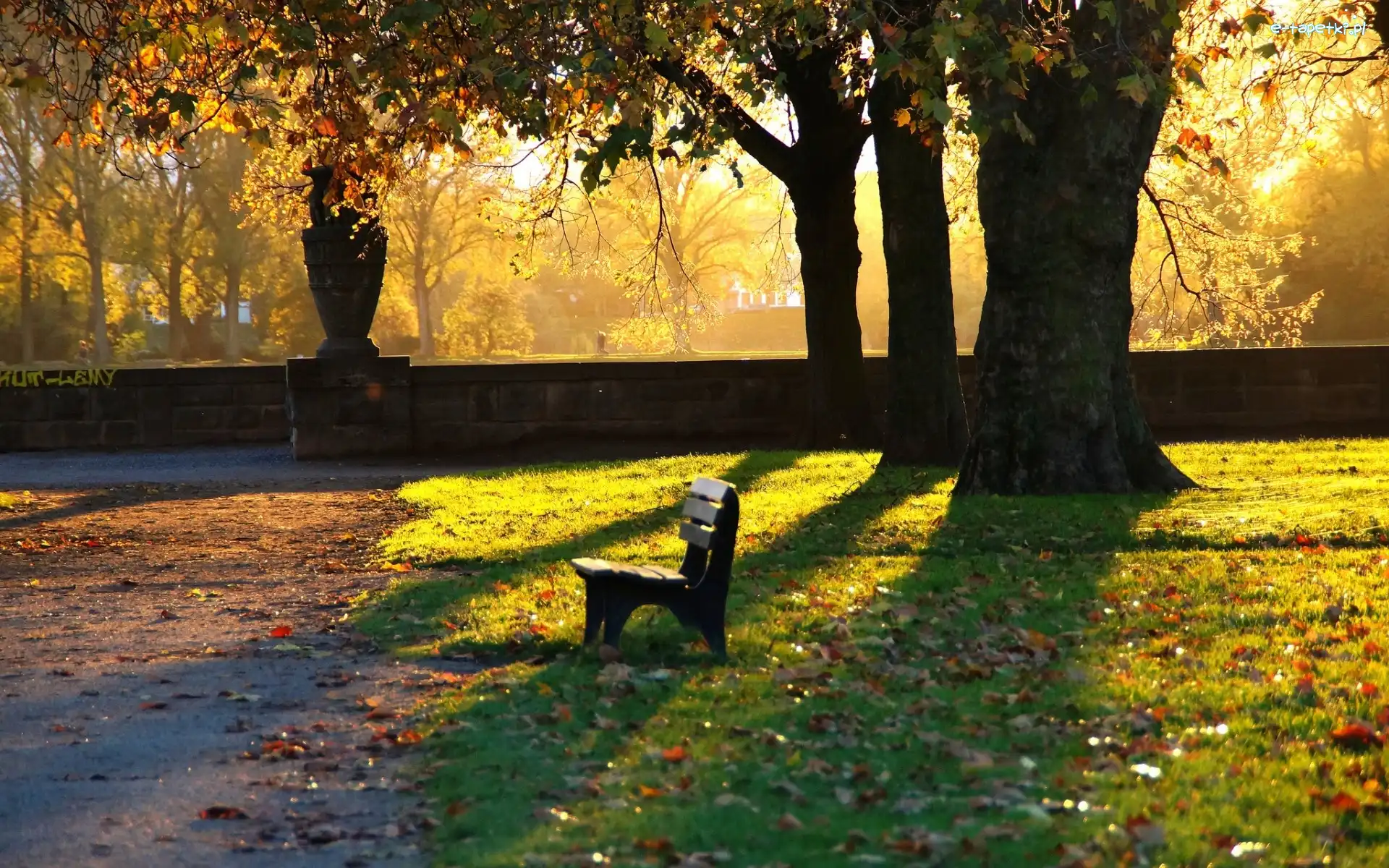 Jesień, Alejki, Liście, Ławka, Park, Światło, Przebijające