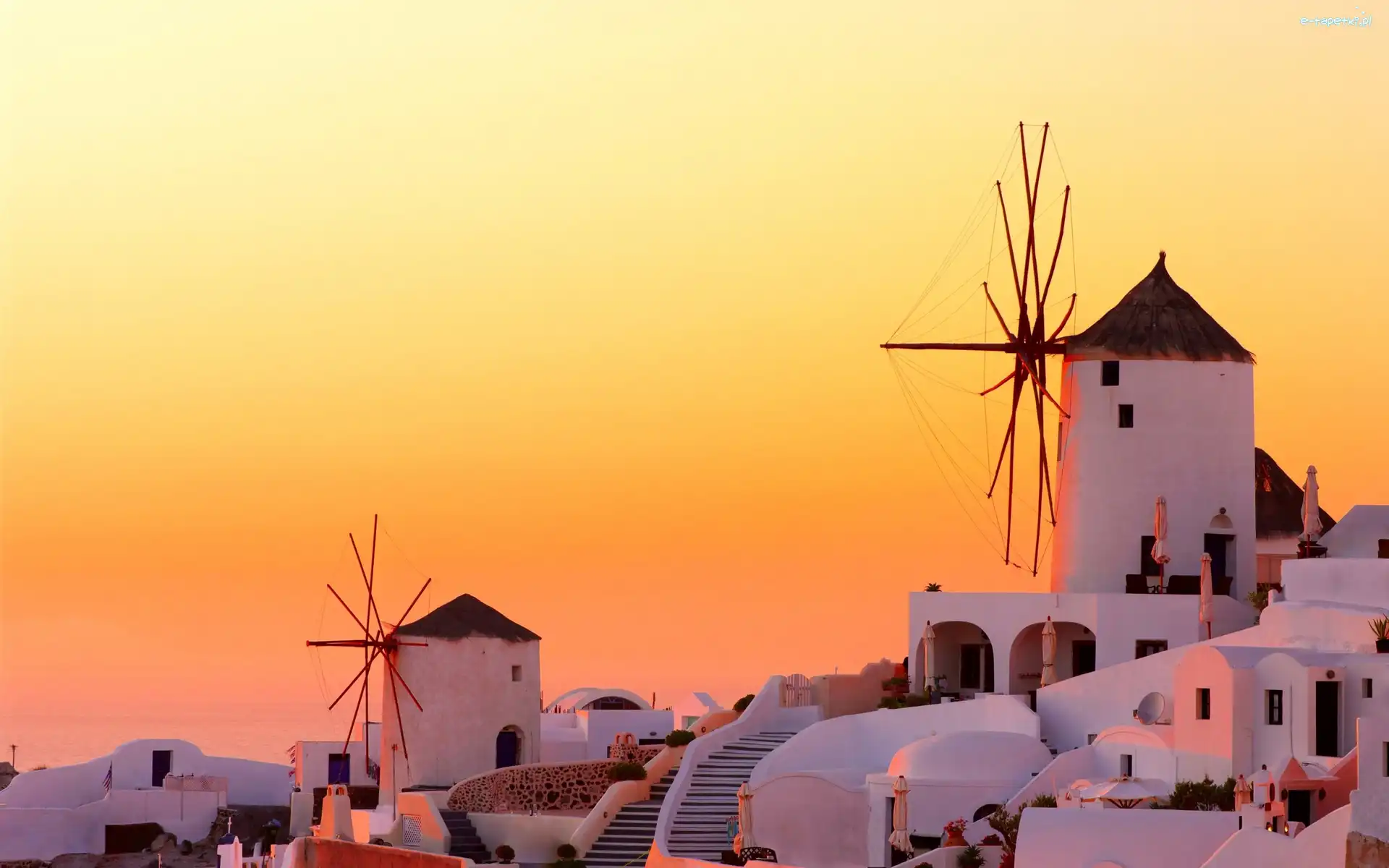 Zachód, Santorini, Grecja, Słońca, Domy, Wiatraki