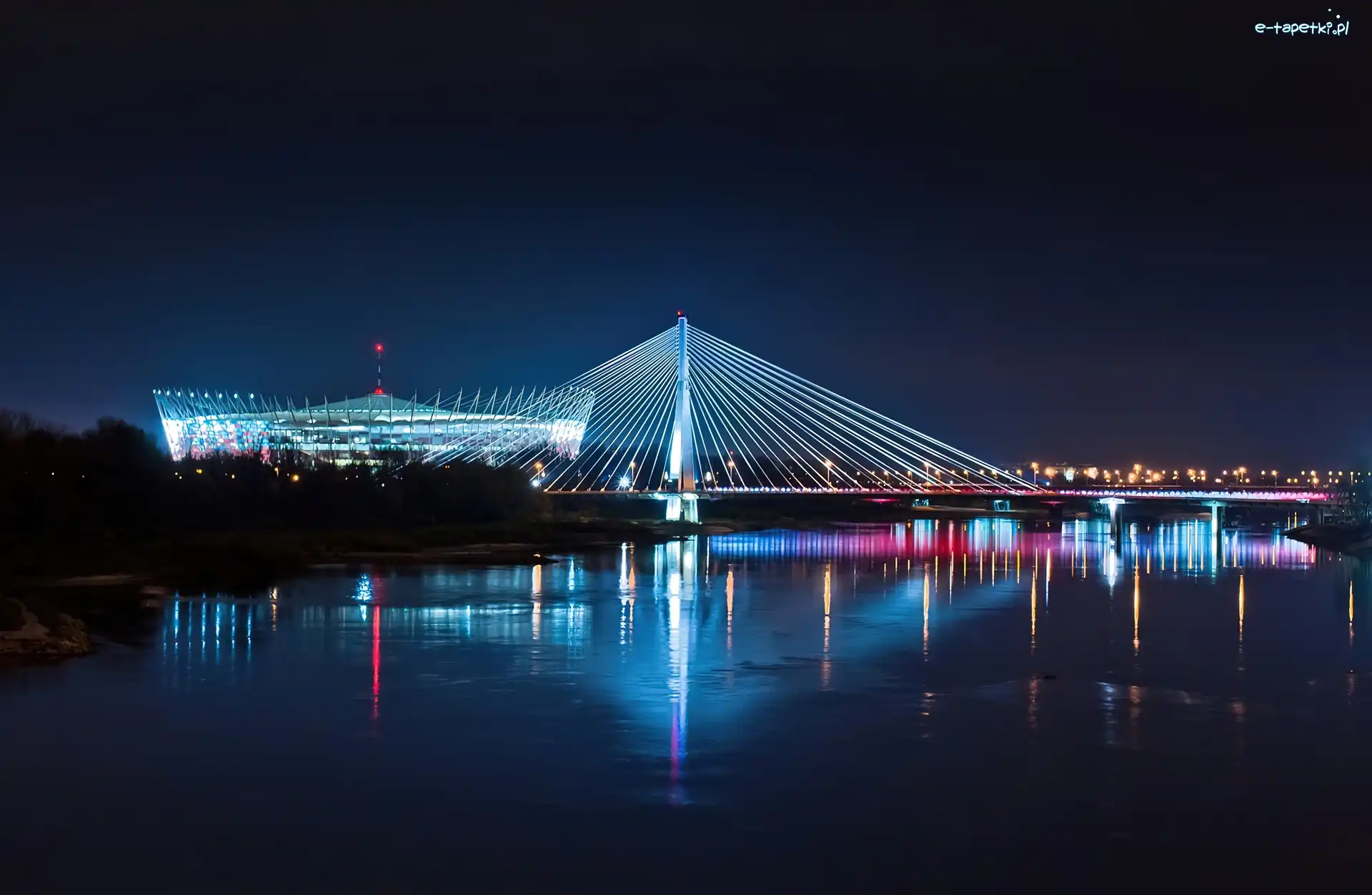 Warszawa, Stadion Narodowy, Noc, Most Świętokrzyski, Wisła