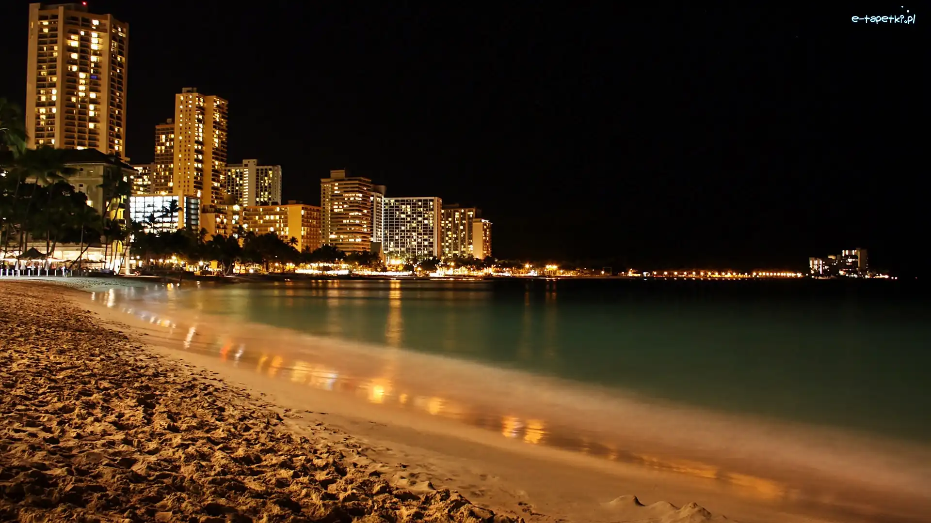 Nocą, Waikiki, Plaża, Honolulu