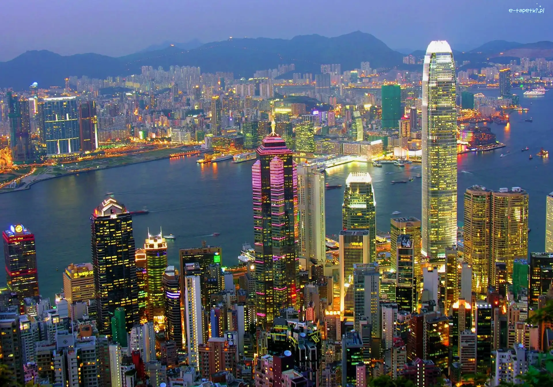 Wieżowce, Noc, Rzeka, Chiny, Hongkong