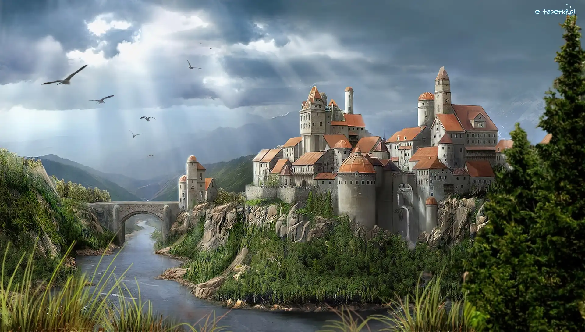 Zamek, Rzeka, Most, Fantasy, Ptaki
