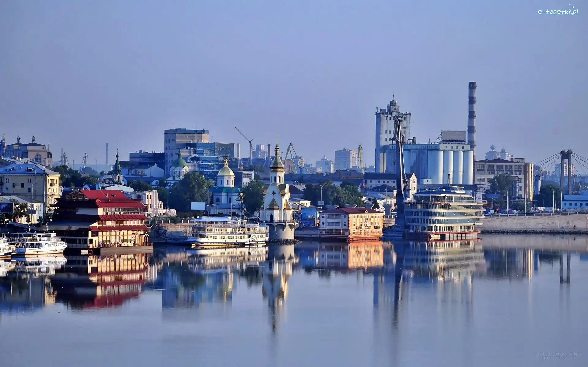 Nabrzeże, Dniepr, Statki, Odbicie, Miasta, Panorama