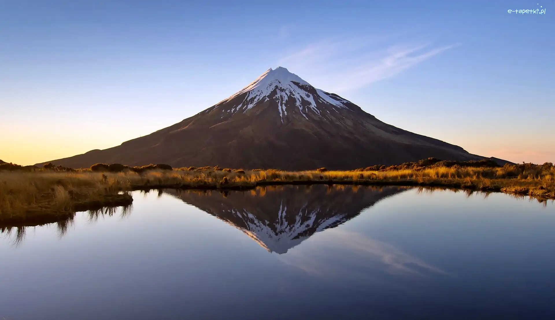 Odbicie, Góra, Taranaki, Jesień, Łąka, Jezioro