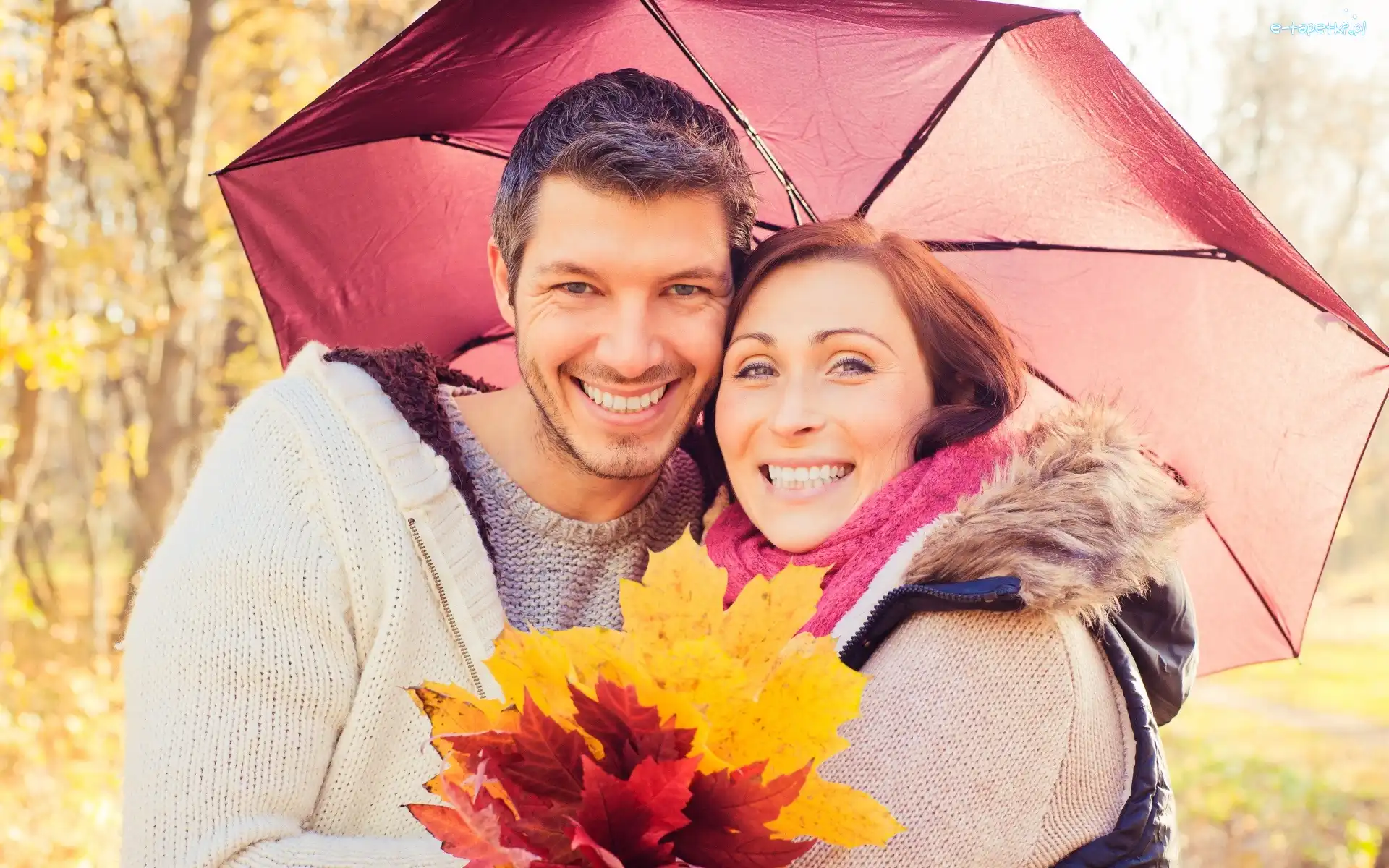 Para, Liście, Parasol, Uśmiechnięta