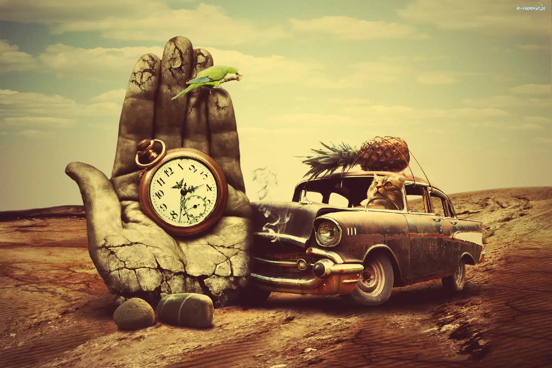 Fantasy, Samochód, Dłoń, Ananas, Zegarek