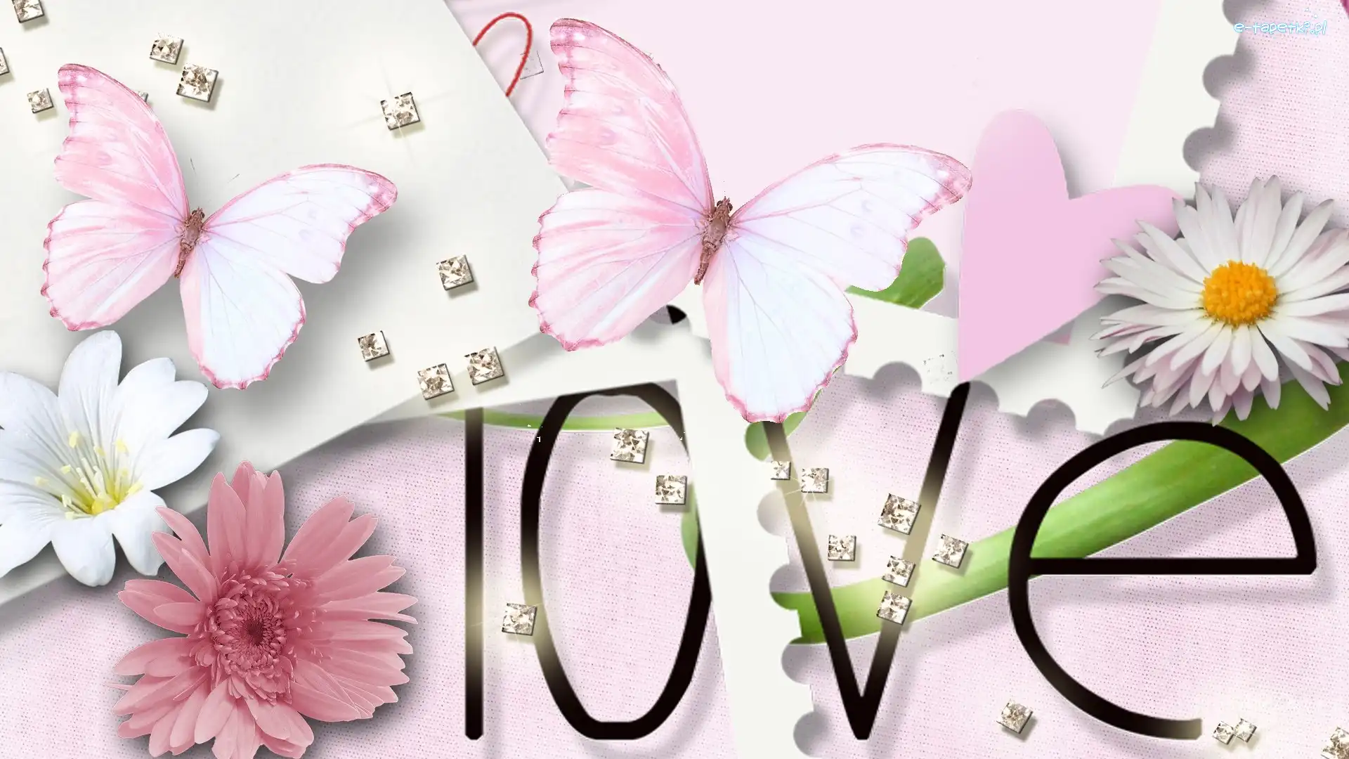 Love, Motyle, Kwiaty, Napis