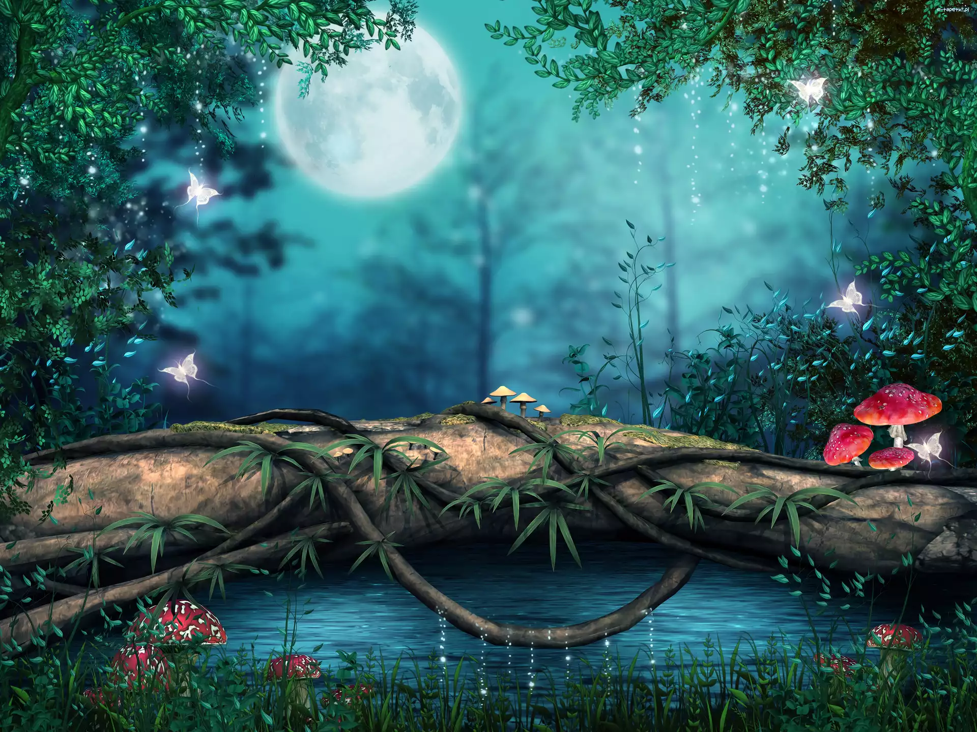 Fantasy, Muchomory, Drzewa, Księżyc, Motyle