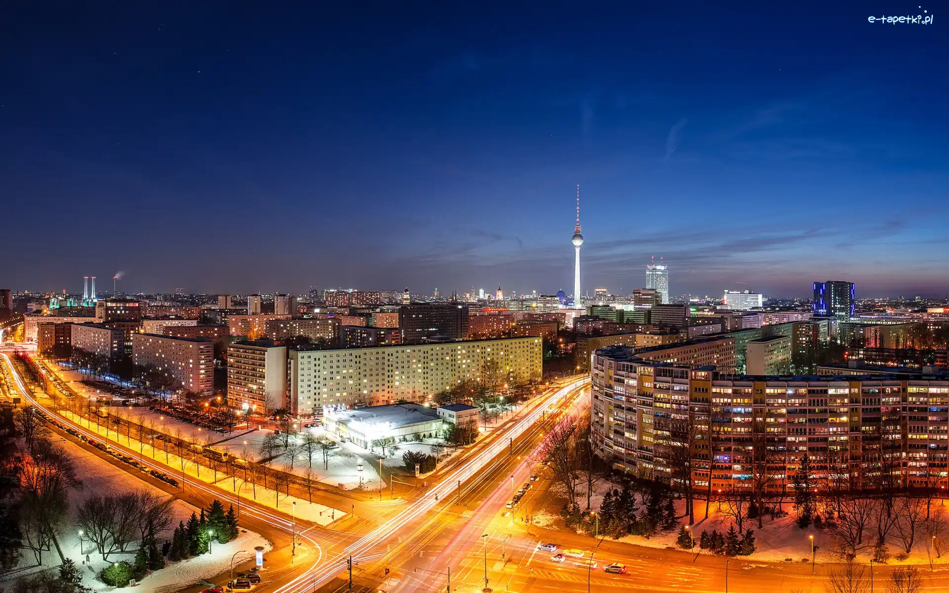 Noc, Ulice, Berlin, Panorama, Domy, Wieża