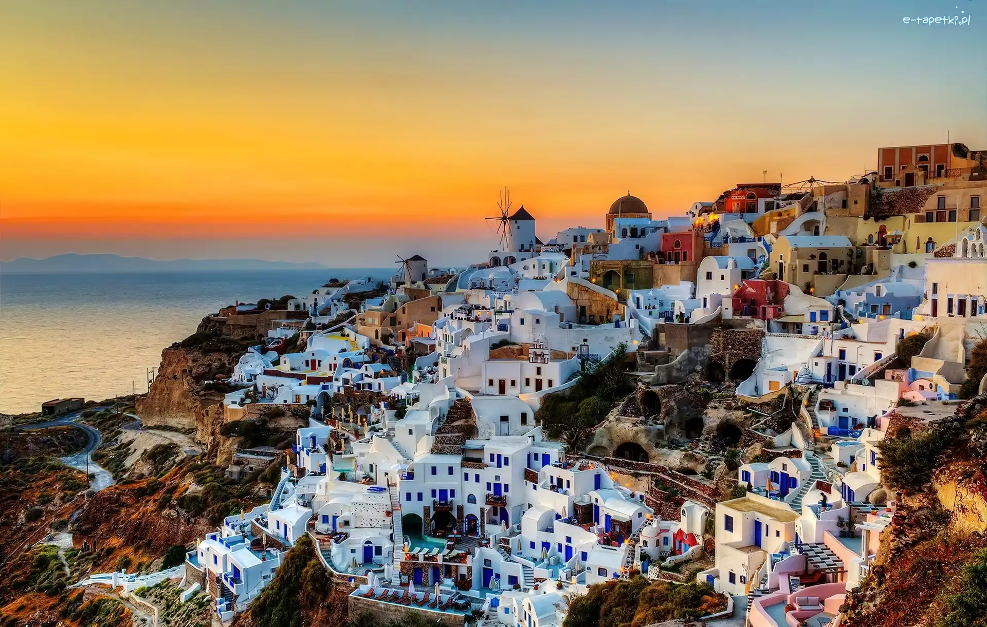 Zachód, Skały, Słońca, Santorini, Wyspa