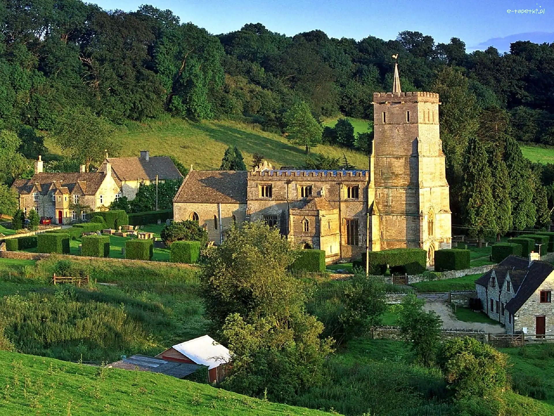 Światło, Lasy, Kościół, Cotswolds Hills, Wzgórza, Przebijające, Domy