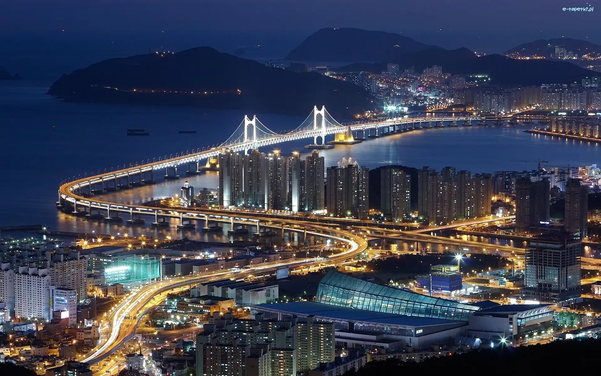 Busan, Most, Gwangan, Morze, Góry, Panorama, Nocna