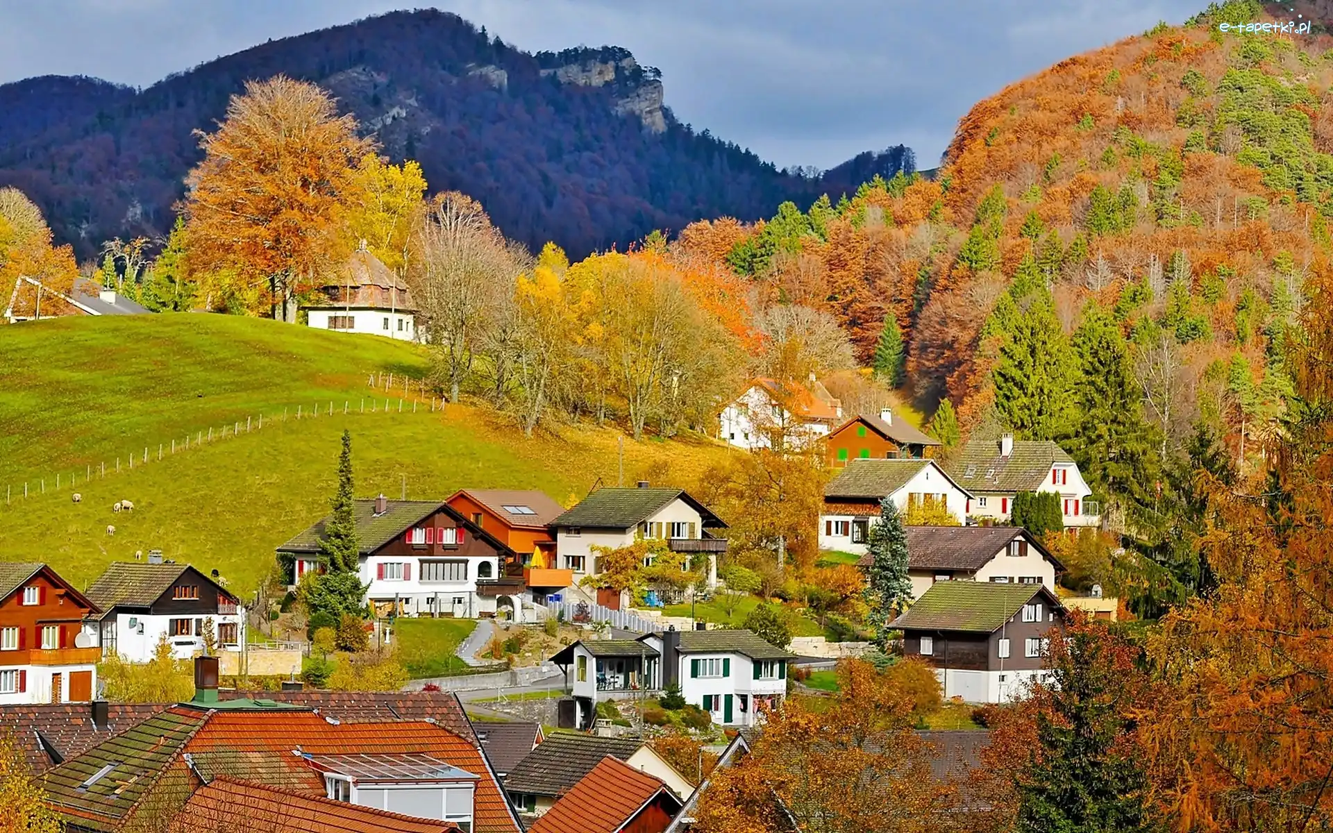 Wioska, Lasy, Łąki, Alpejska, Góry, Jesień