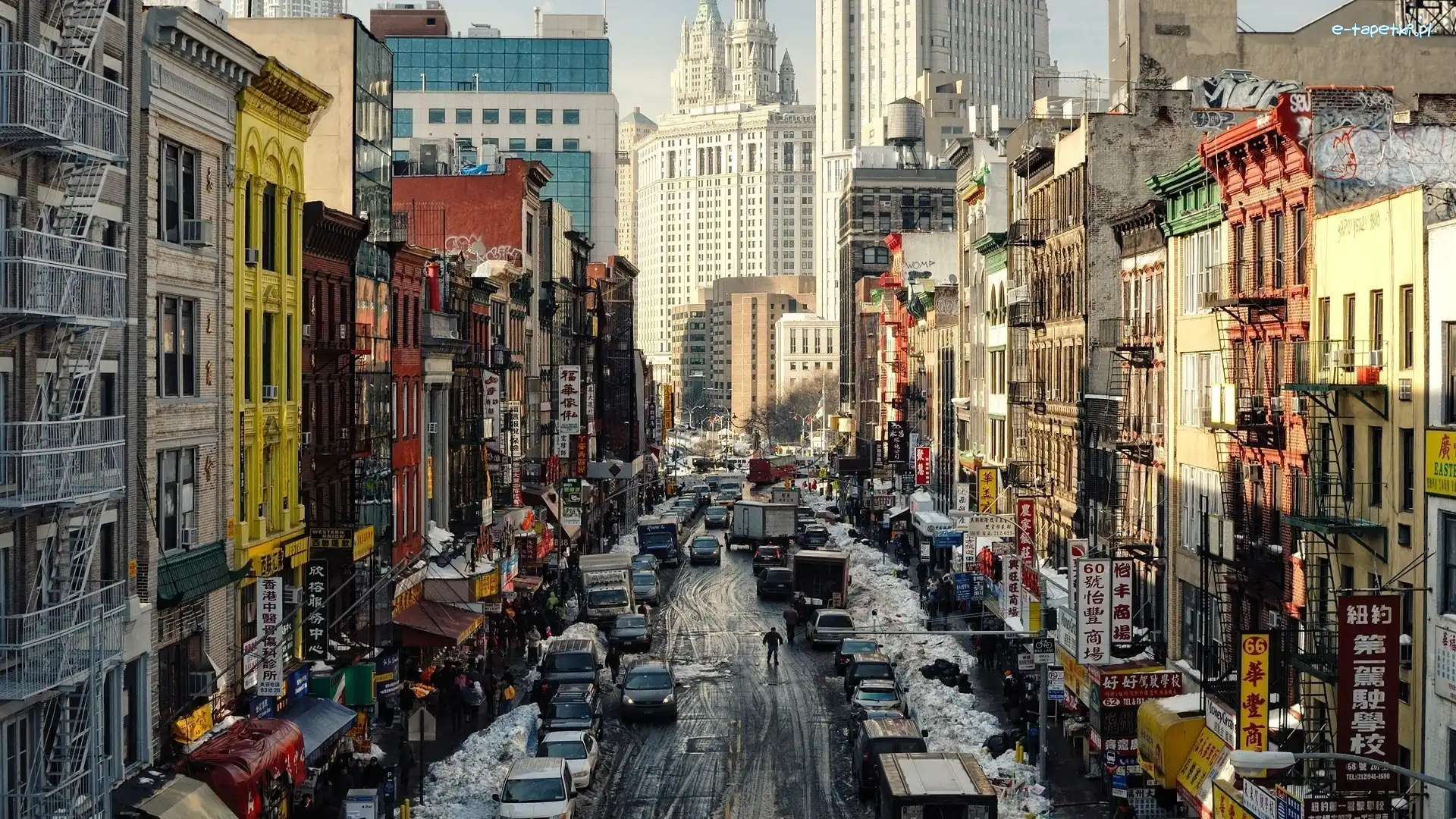 Ludzie, Chinatown, Domy, Samochody, Nowy Jork, Stany Zjednoczone