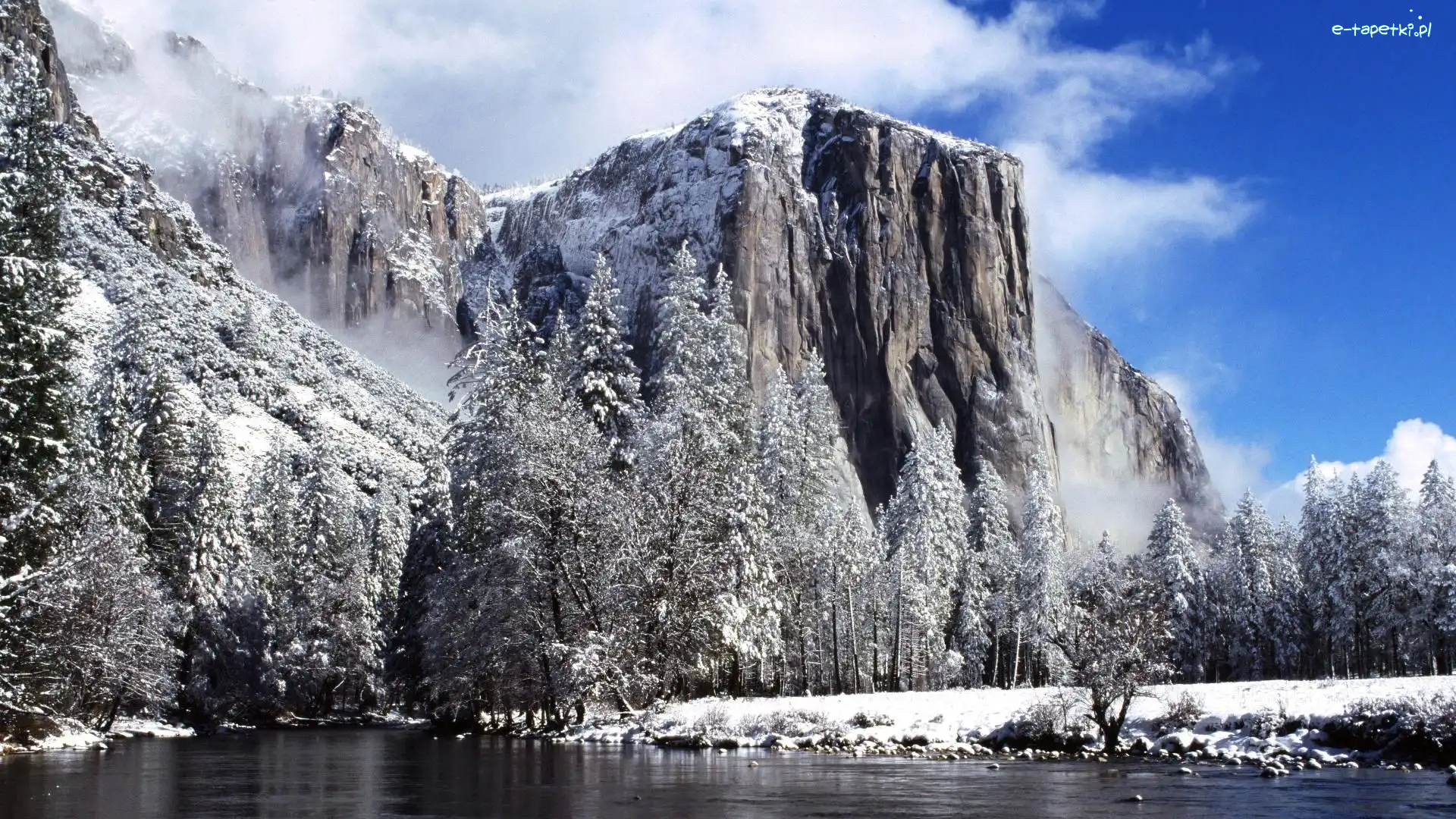 Góry, Stan Kalifornia, Szczyt El Capitan, Zima, Park Narodowy Yosemite, Rzeka, Drzewa, Stany Zjednoczone
