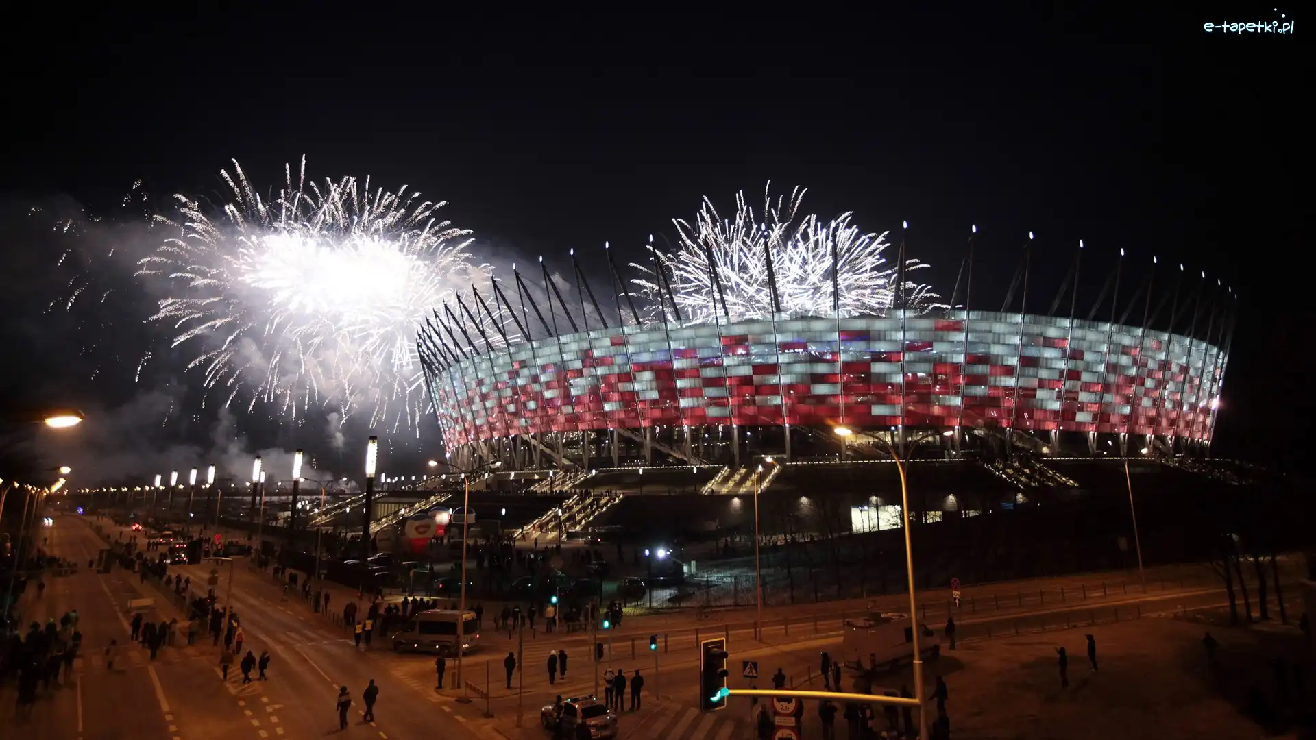 Ludzie, Stadion Narodowy, Fajerwerki, Noc, Warszawa, Polska